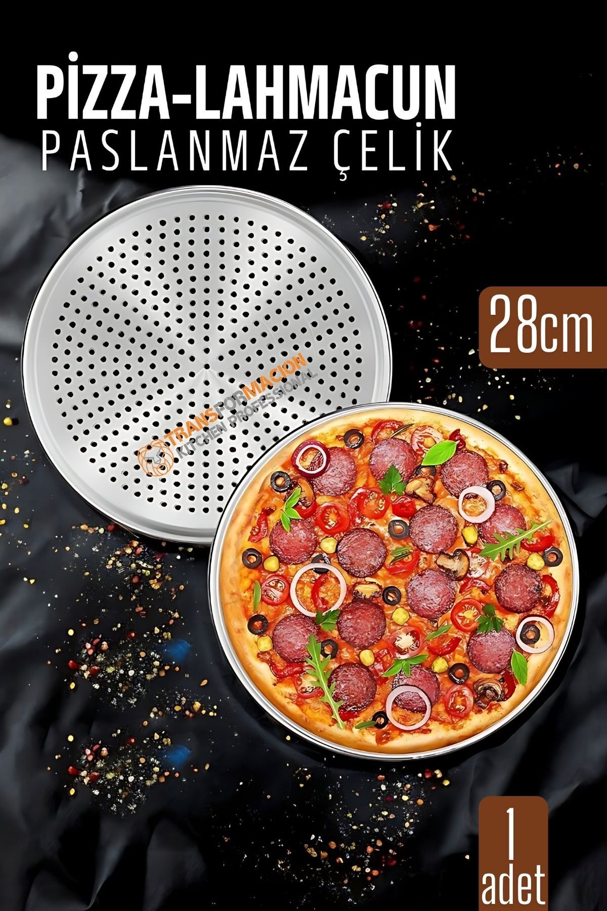 Transformacion Paslanmaz Çelik Pizza-Lahmacun Tepsisi – Delikli Tasarım ile Mükemmel Pişirme 28 cm 722227