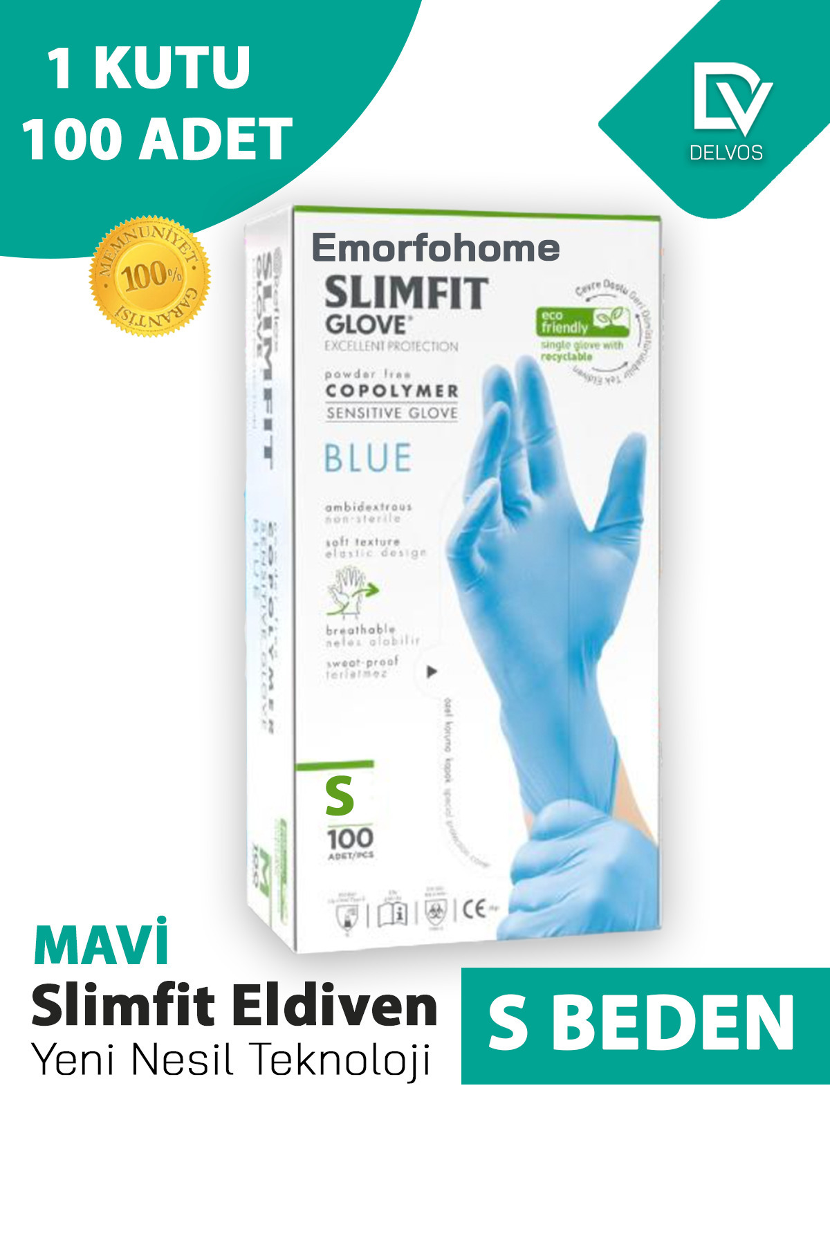 EMORFOHOME Slimfit Tek Kullanımlık Pudrasız Mavi S Beden Eldiven 100’lü Medikal Muayene Eldiveni Latex İçermez