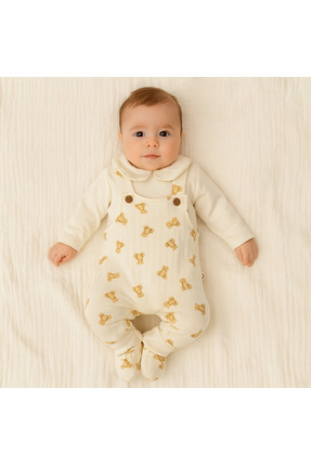 CFRA 2'li Bebek Salopet Takımı – Ekru Ayıcık Desenli Bebe Yaka Kapitone Uzun ...