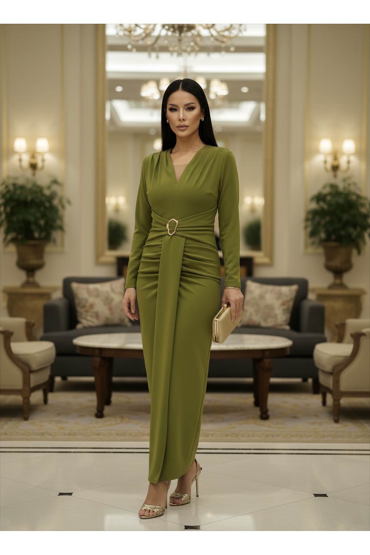 Imported Crepe Fabric Buckle And Shawl Detailed Lined Special Design Maxi Dress