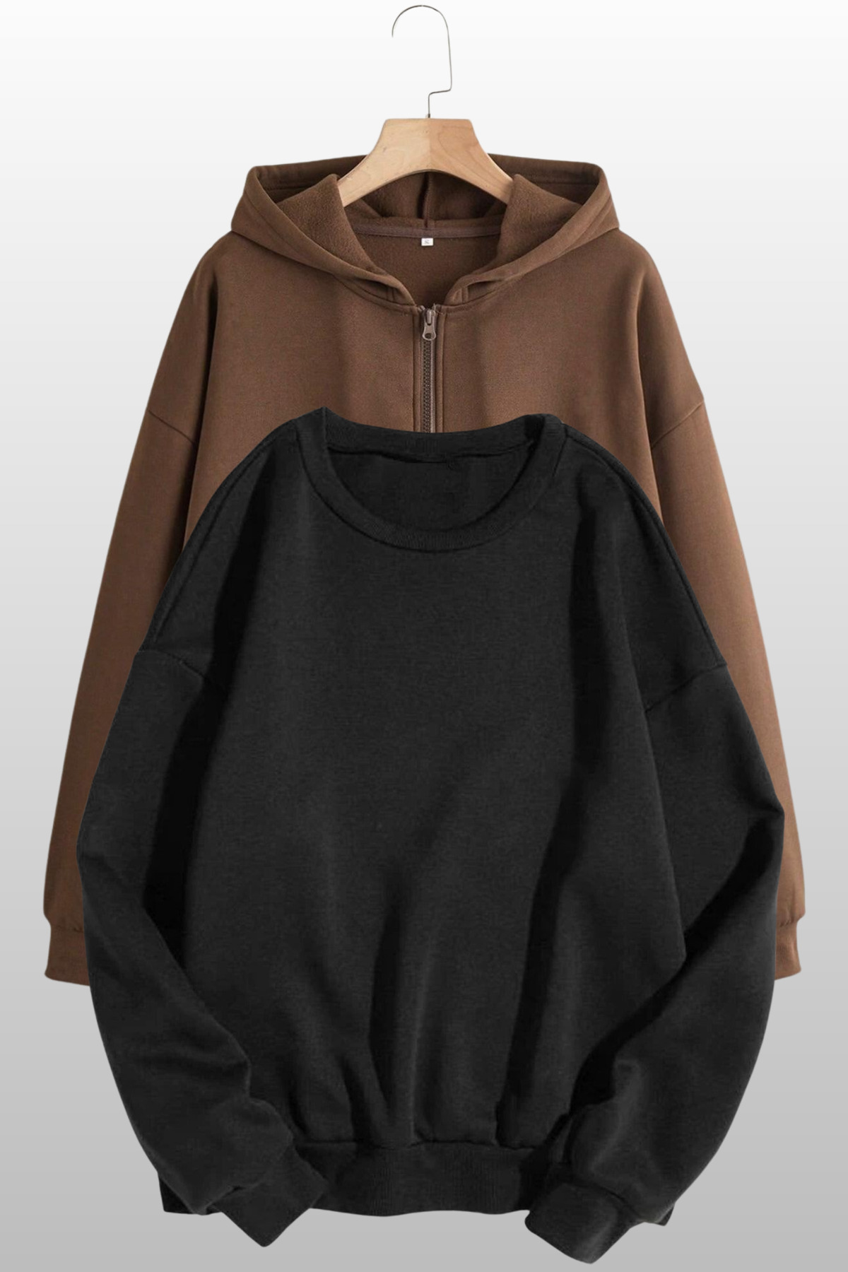 MODAGEN Unisex Kapüşonlu Fermuarlı Kahverengi Hırka Bisiklet Yaka Siyah Sweatshirt Takım