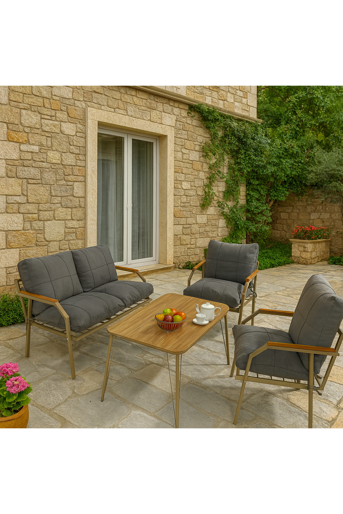 Cappuccino 211 Table Gray Zippered Garden Balcony Set, Cafe-Metal Sofa Seat Set