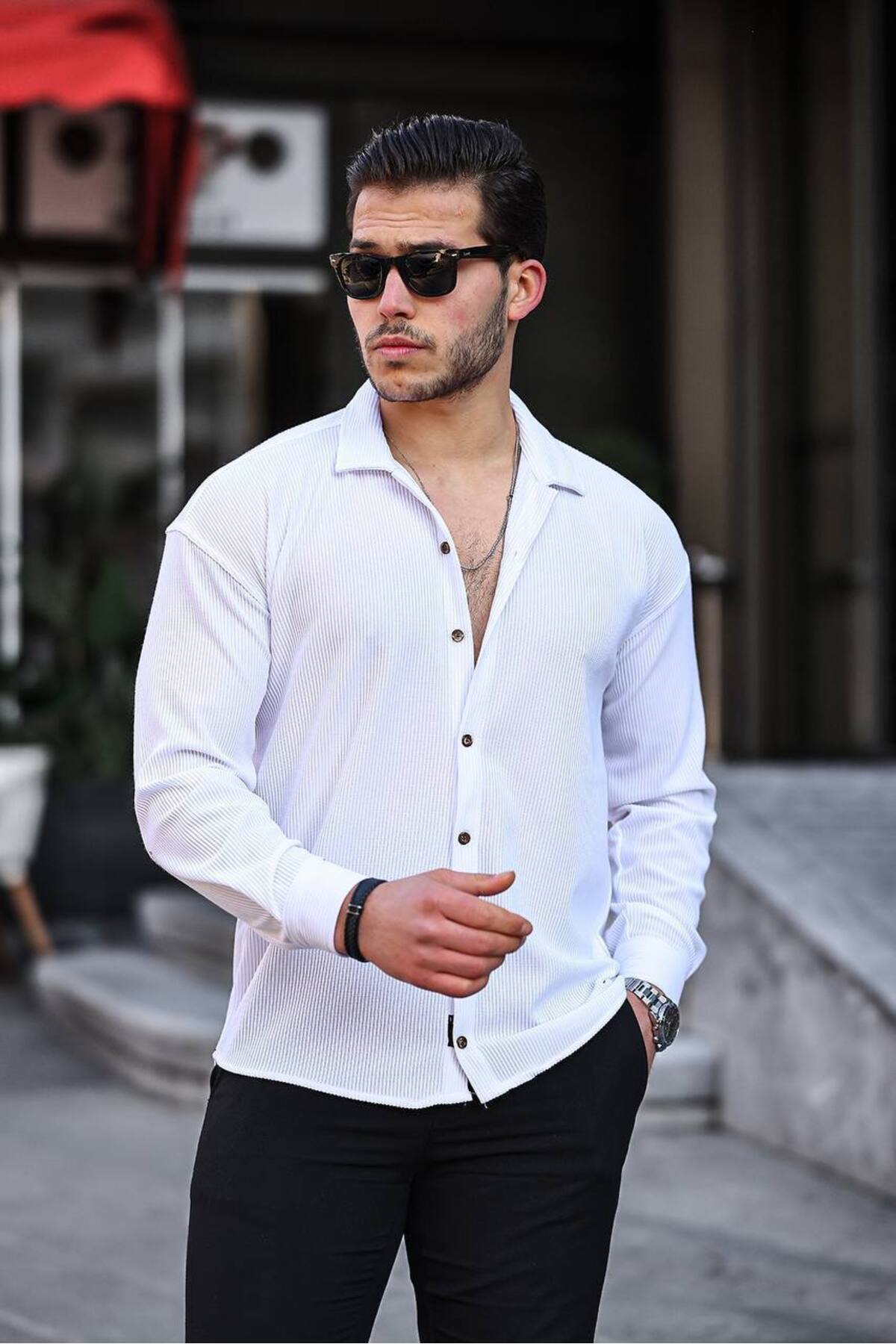 OTAKU  2’li Erkek Fitilli Ottoman Uzun Kollu Gömlek Seti Siyah- Beyaz - Görsel 4