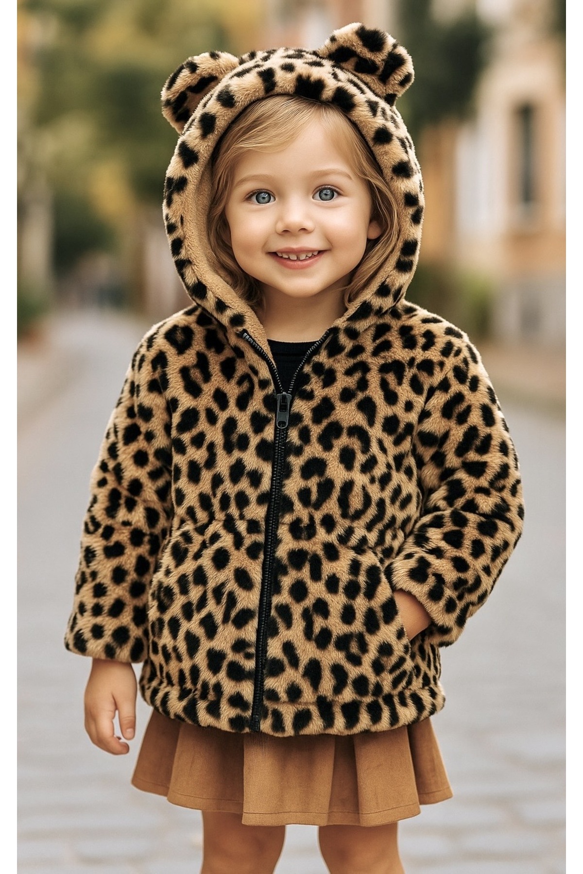 Calisa Kız Çocuk Leopar Kürklü Peluş Kaban - 3/12 Yaş - Kışlık Mont fotoğrafı 2 (önizleme)