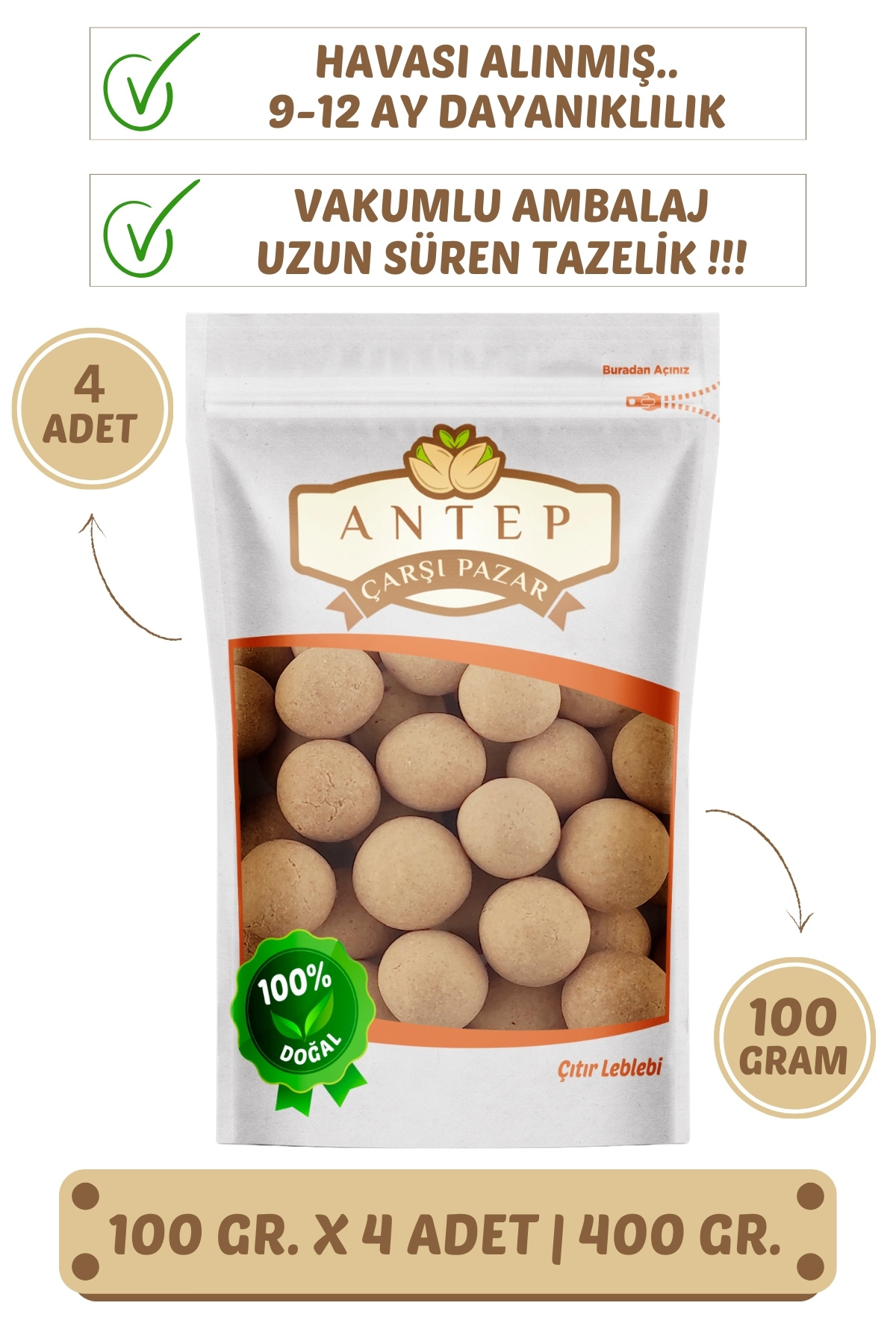Antep Çarşı Pazar Çıtır Leblebi | 100 Gr. X 4 Adet | VAKUMLU AMBALAJ