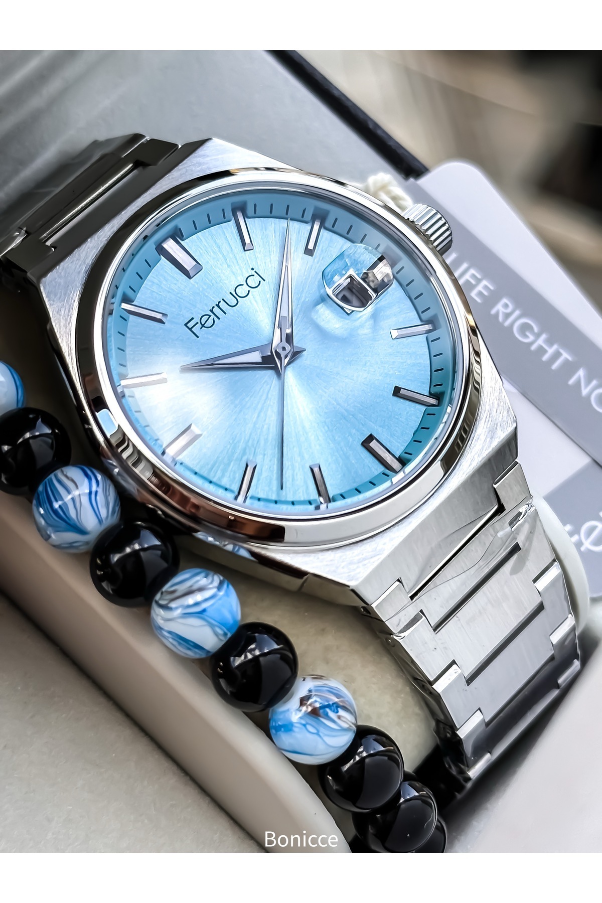 ساعت مچی مردانه، بند فولادی نقره‌ای، صفحه آبی، تاویمیلی، همراه با دستبند هدیه