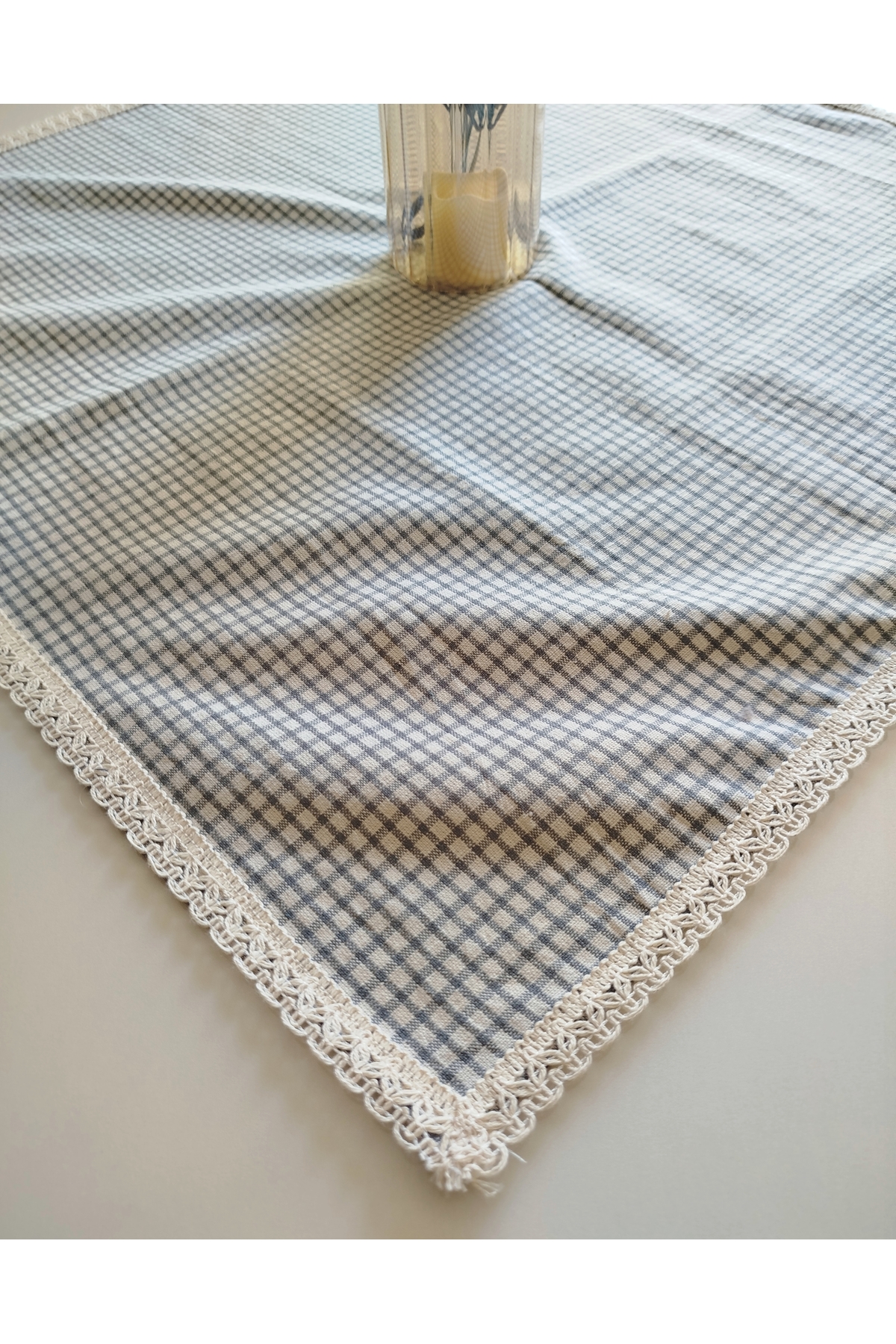 Organic Linen 100% Cotton Soft Open Easy Iron Cream Guipure Grey Plaid Tablecloth