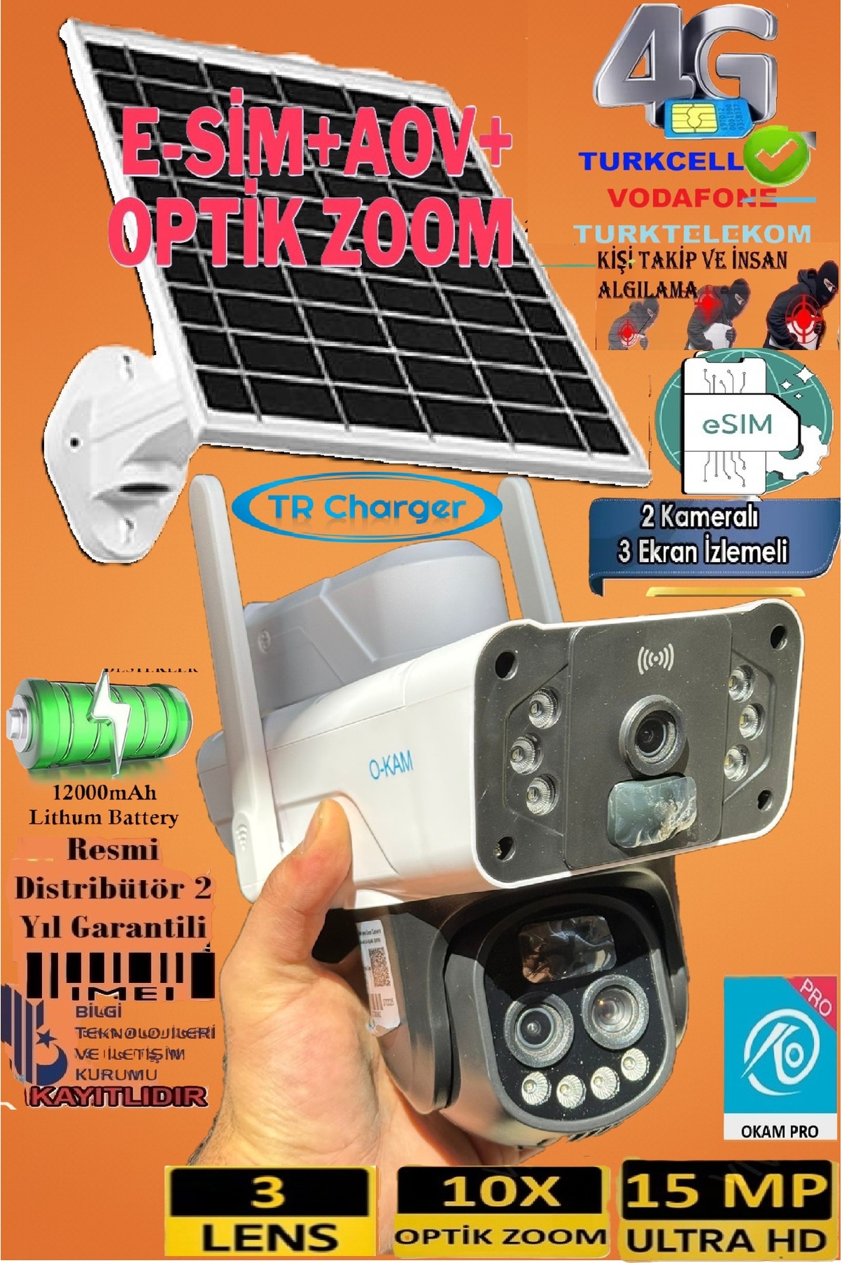 TRCharger OKAM PRO 3950 Solar 4G ve eSIM 15MP 3 Lens 10X Zoom