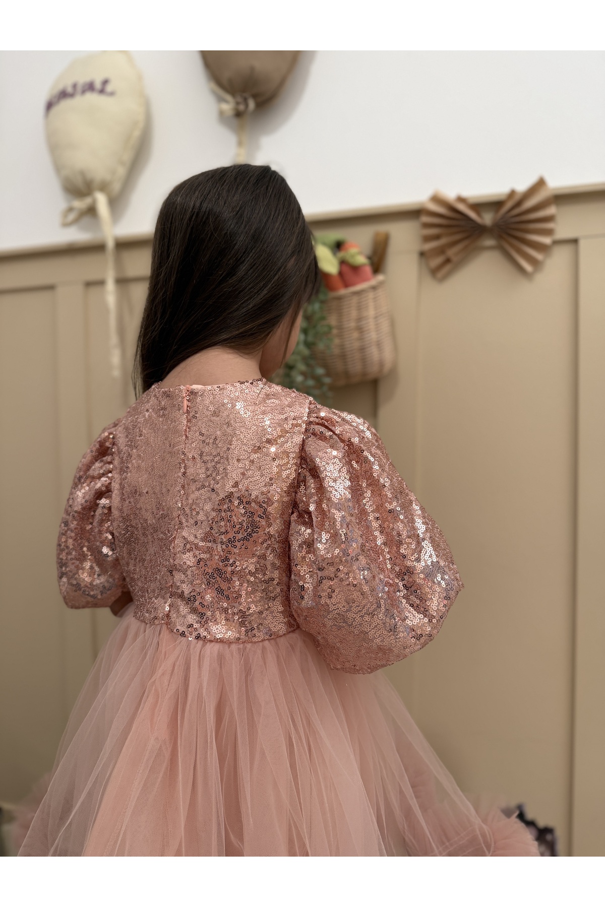 penu baby kids Pudra Payetli Balon Kol Grenli Tül Etekli Kız Çocuk Kız Bebek Abiye Elbise - Terra fotoğrafı 6 (önizleme)