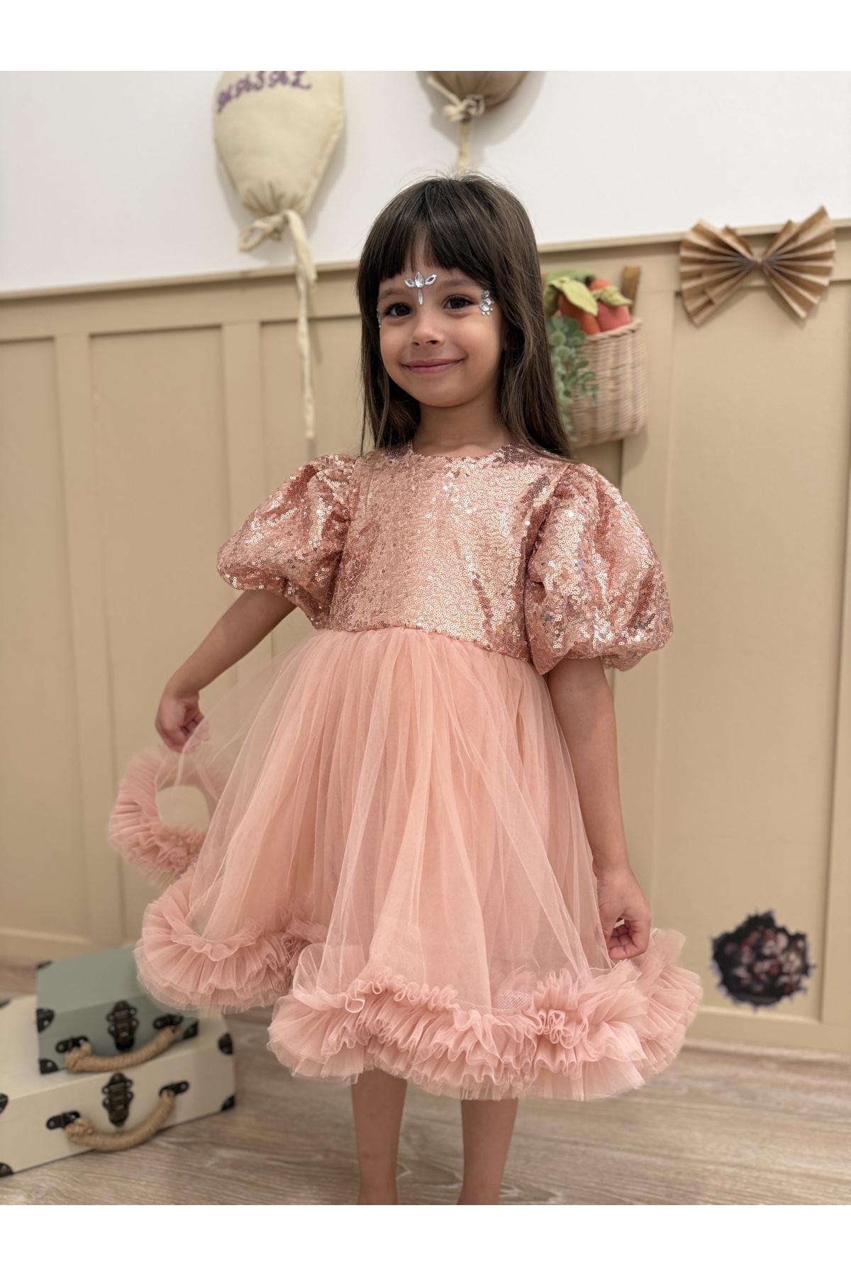 penu baby kids Pudra Payetli Balon Kol Grenli Tül Etekli Kız Çocuk Kız Bebek Abiye Elbise - Terra fotoğrafı 7 (önizleme)