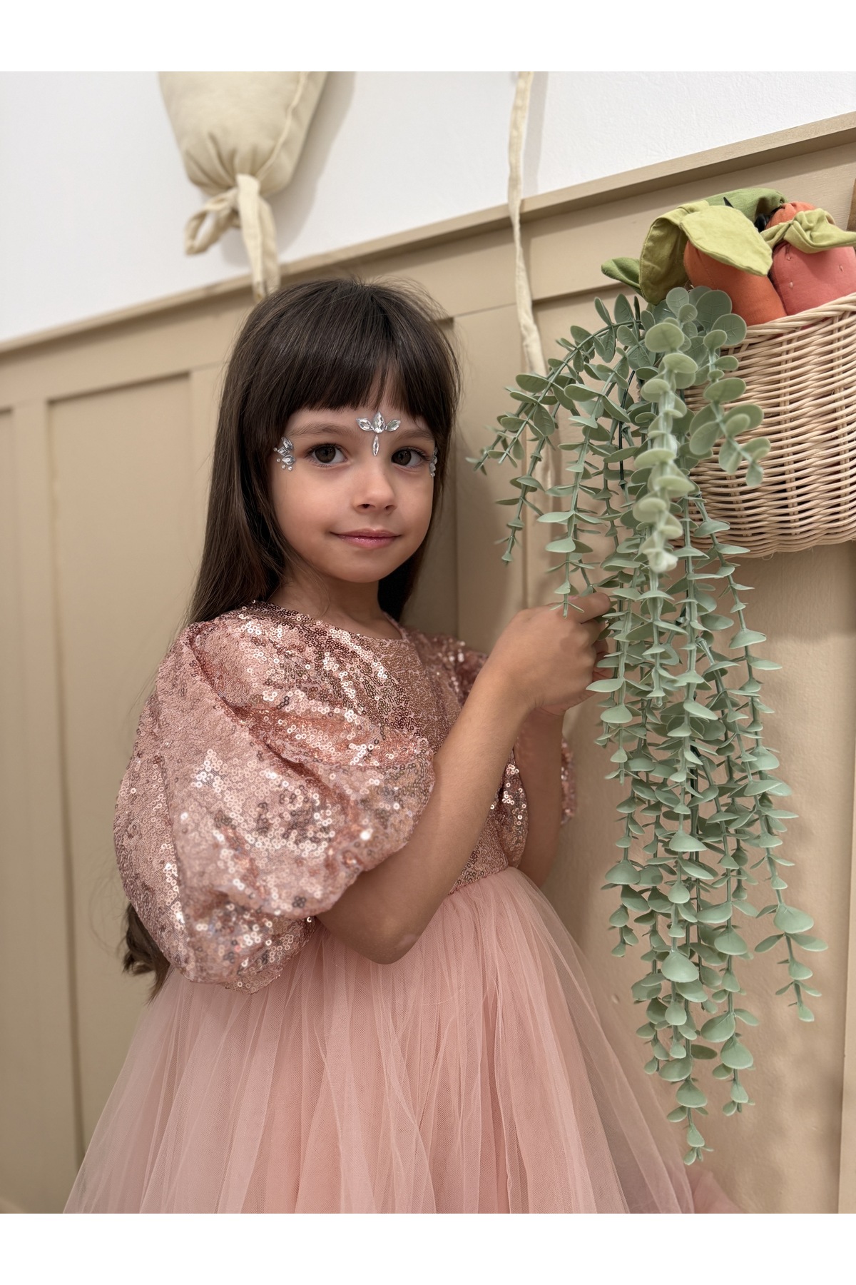 penu baby kids Pudra Payetli Balon Kol Grenli Tül Etekli Kız Çocuk Kız Bebek Abiye Elbise - Terra fotoğrafı 5 (önizleme)