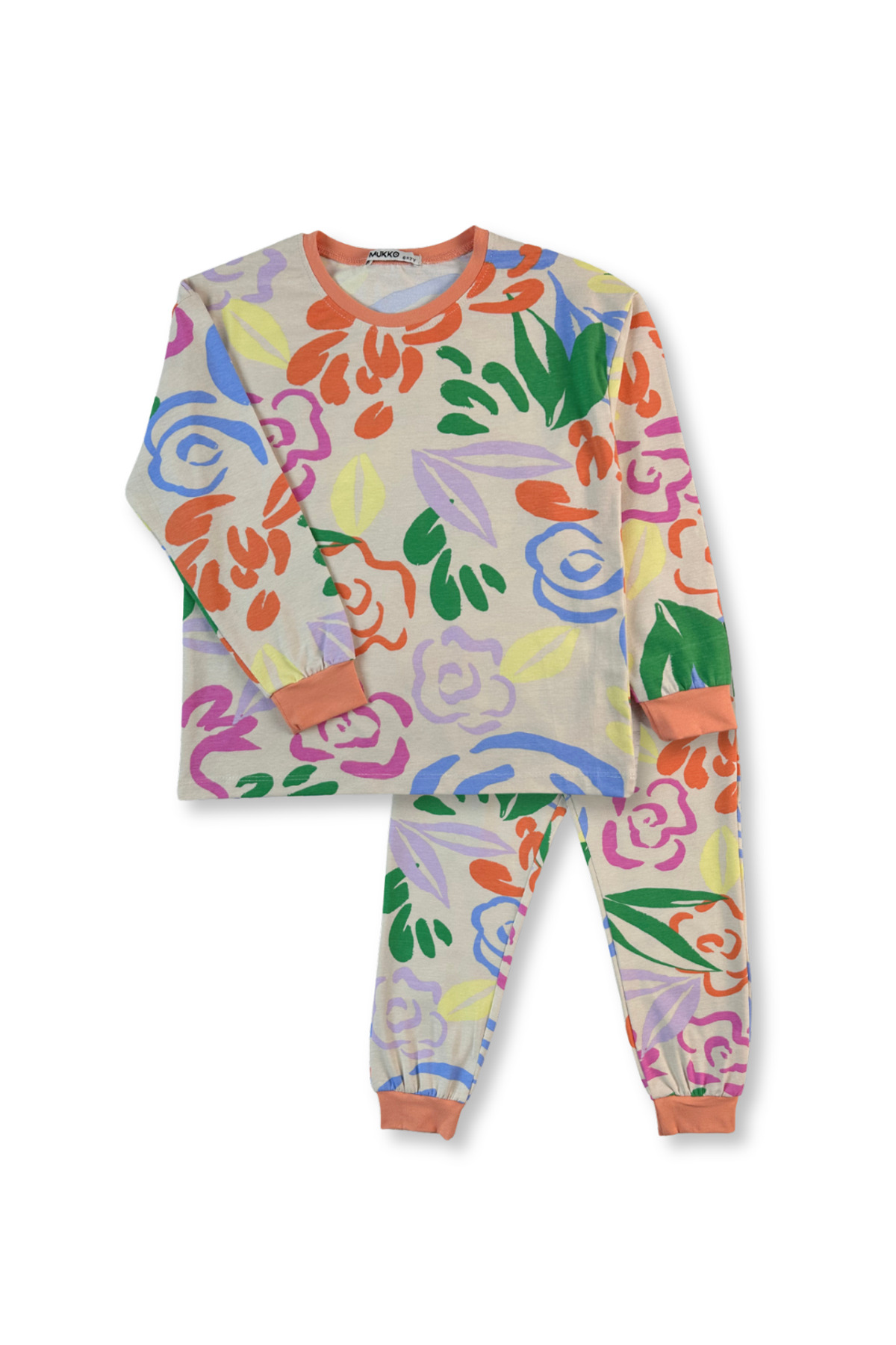 MK Mukko Kids Çocuk Pijama Takımı - Kız Çocuk Bej Renk Çiçek Desenli Mevsimlik Pijama Takımı fotoğrafı 3 (önizleme)