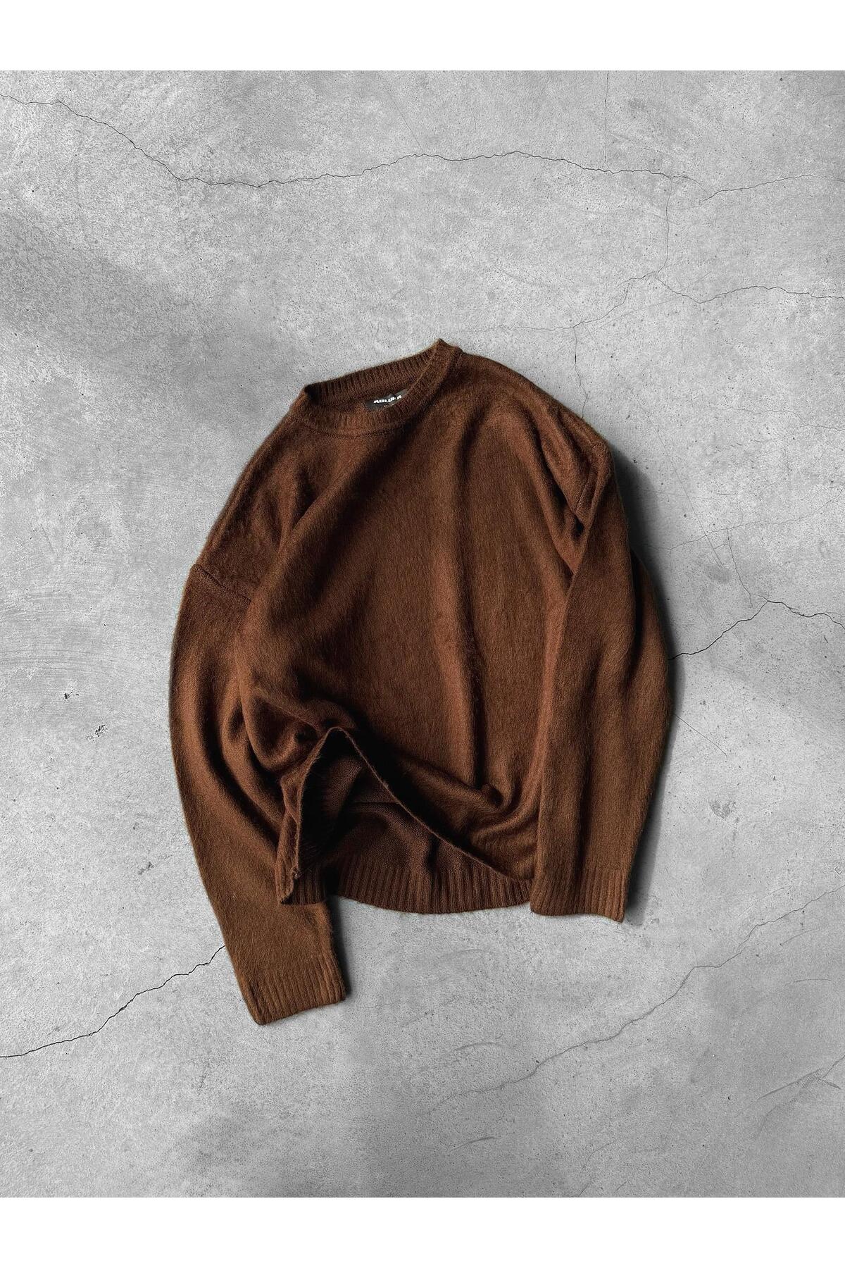 ablukaonline Erkek Oversize Yumuşak Dokulu Kazak Kahve görsel 4