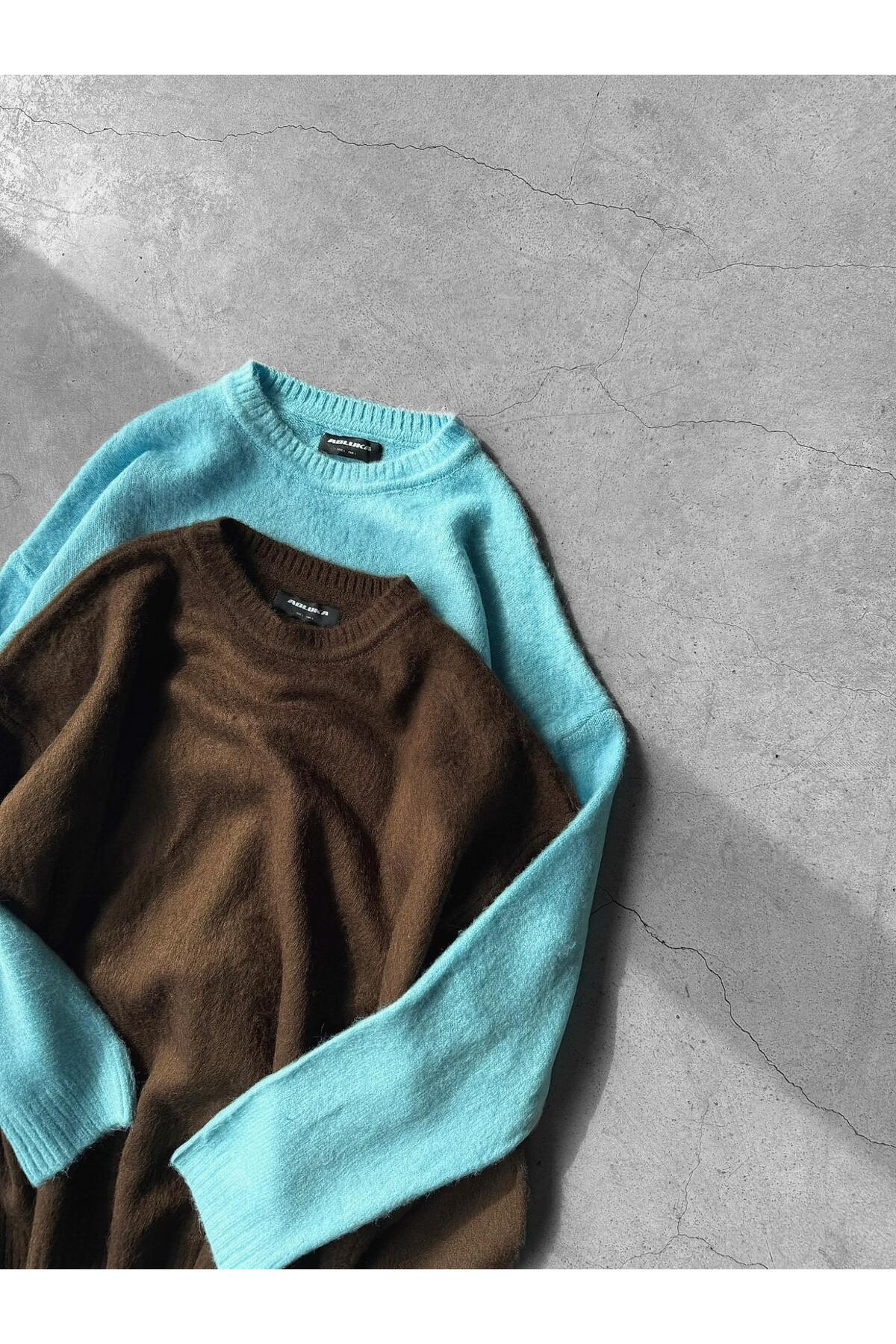 ablukaonline Erkek Oversize Yumuşak Dokulu Kazak Kahve görsel 5