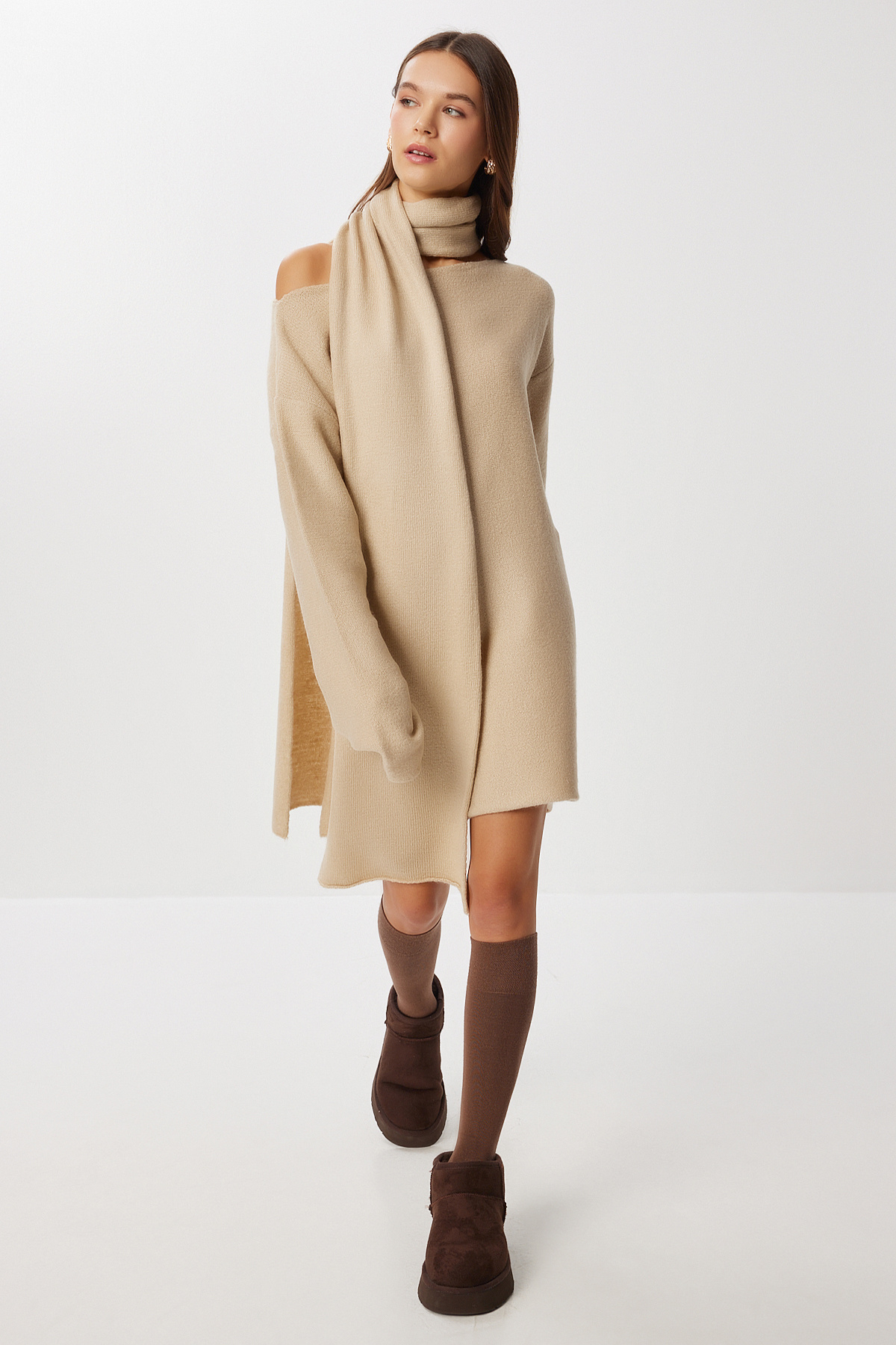 Lovelyİstanbul  Atkı Detaylı Triko Kazak LKİ0052 BEJ - Görsel 2