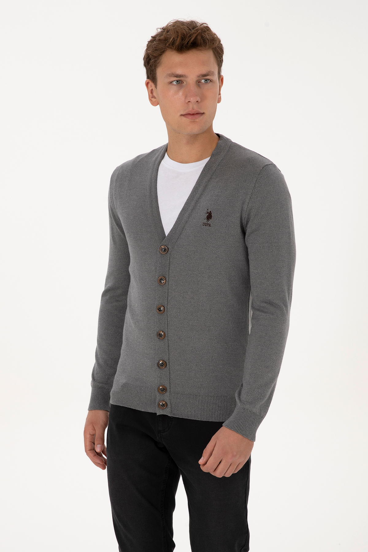 U.S. Polo Assn.  Erkek Gri Melanj Basic Triko Hırka 50313702-VR086 - Görsel 3