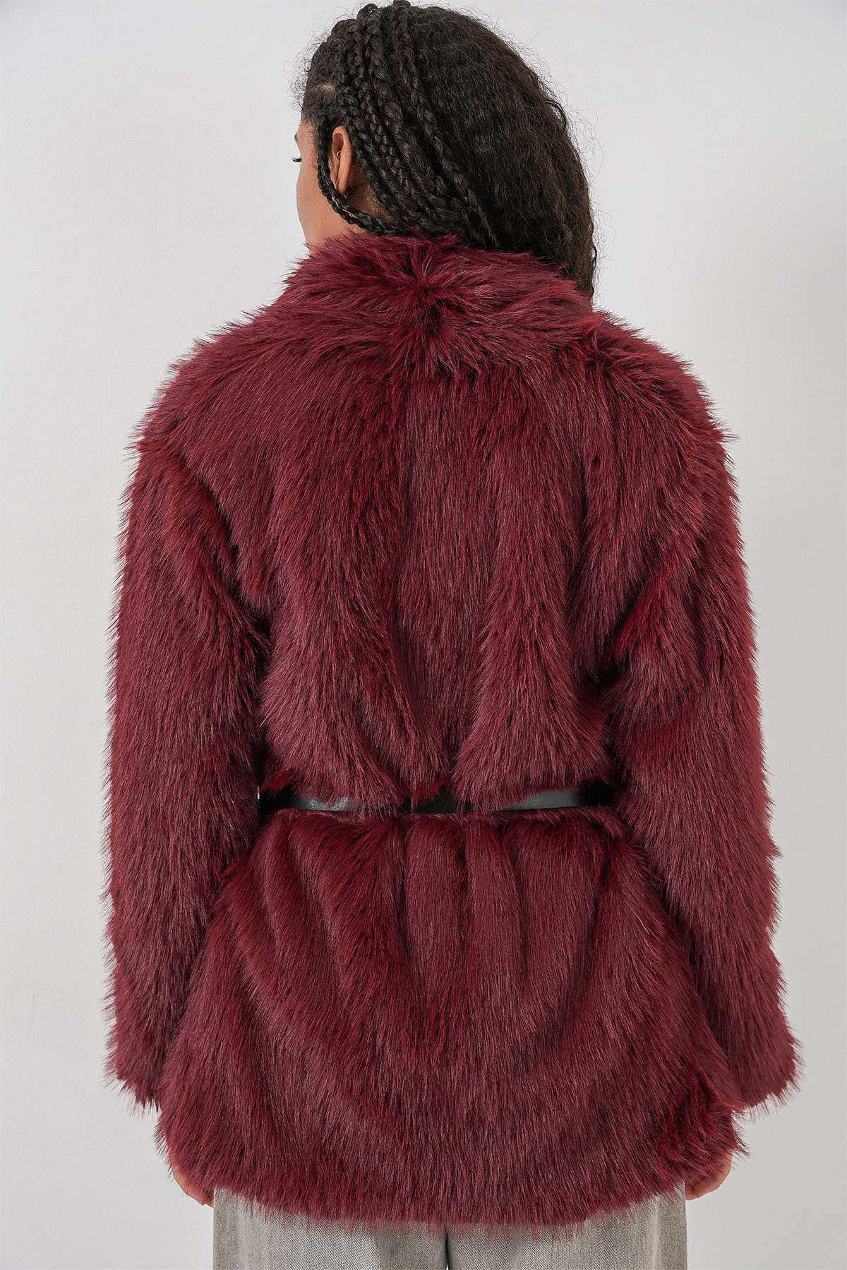 Bigdart  Kadın Kemerli Oversize Kürklü Kaban 9156 - Bordo - Görsel 6