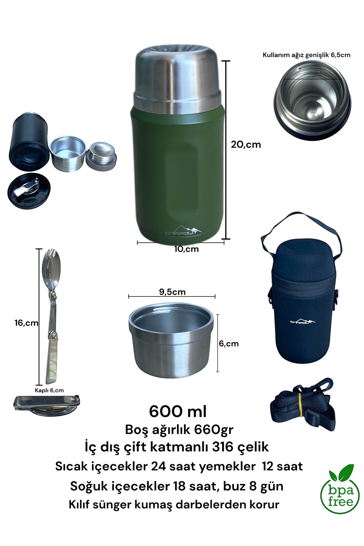 campout Kaşıklı yemek termosu okul iş seyahat kamp çelik mama yemek termos kılıflı askılıklı 316 çelik 600ml fotoğrafı 4 (önizleme)