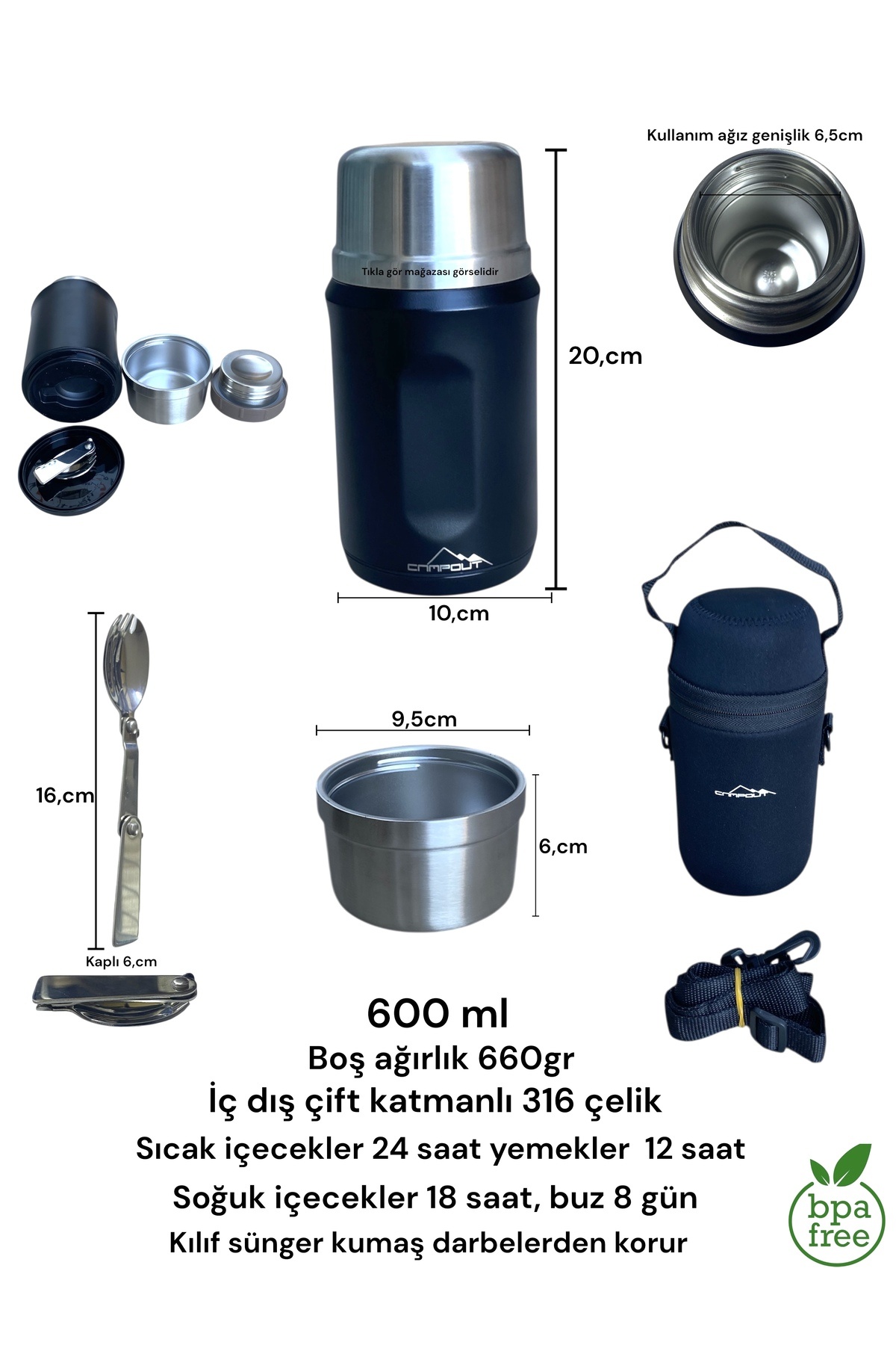 campout Kaşıklı yemek termosu okul iş seyahat kamp çelik mama yemek termos kılıflı askılıklı 316 çelik 600ml fotoğrafı 4 (önizleme)