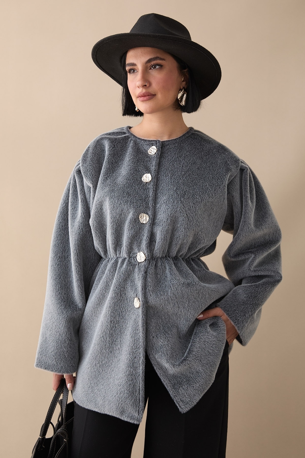 InStyle Beli Lastikli Astarsız Kaşe Antrasit Kaban