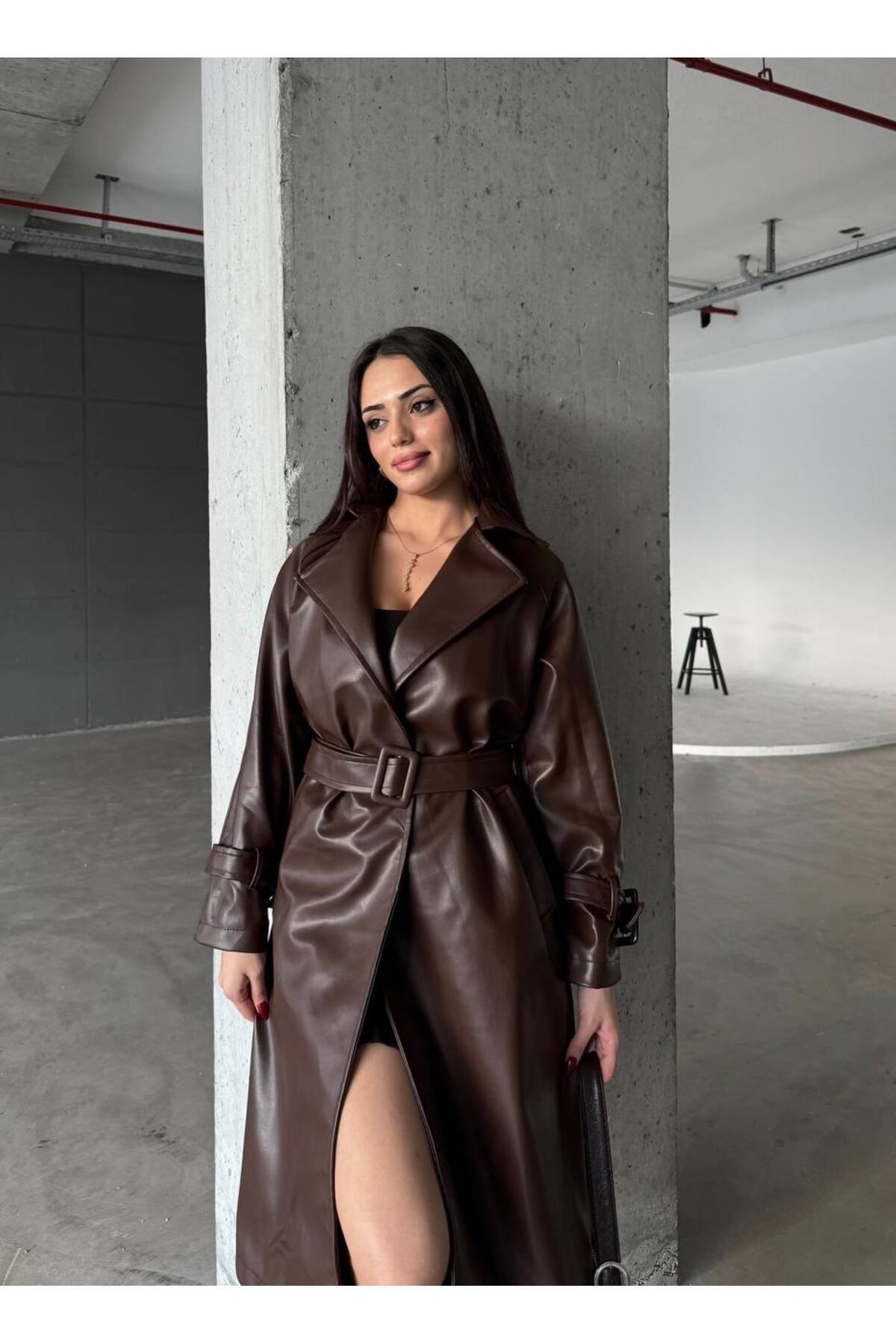 candybia Kadın Kuşaklı Kahverengi Deri Trençkot