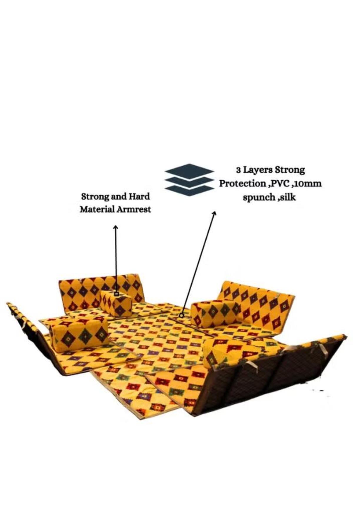 طقم جلسة أرضية 9 قطع: فرشة 300×200 سم، 4 كراسي أرضية لشخصين و4 مراكي مريحة، تصميم عربي عصري