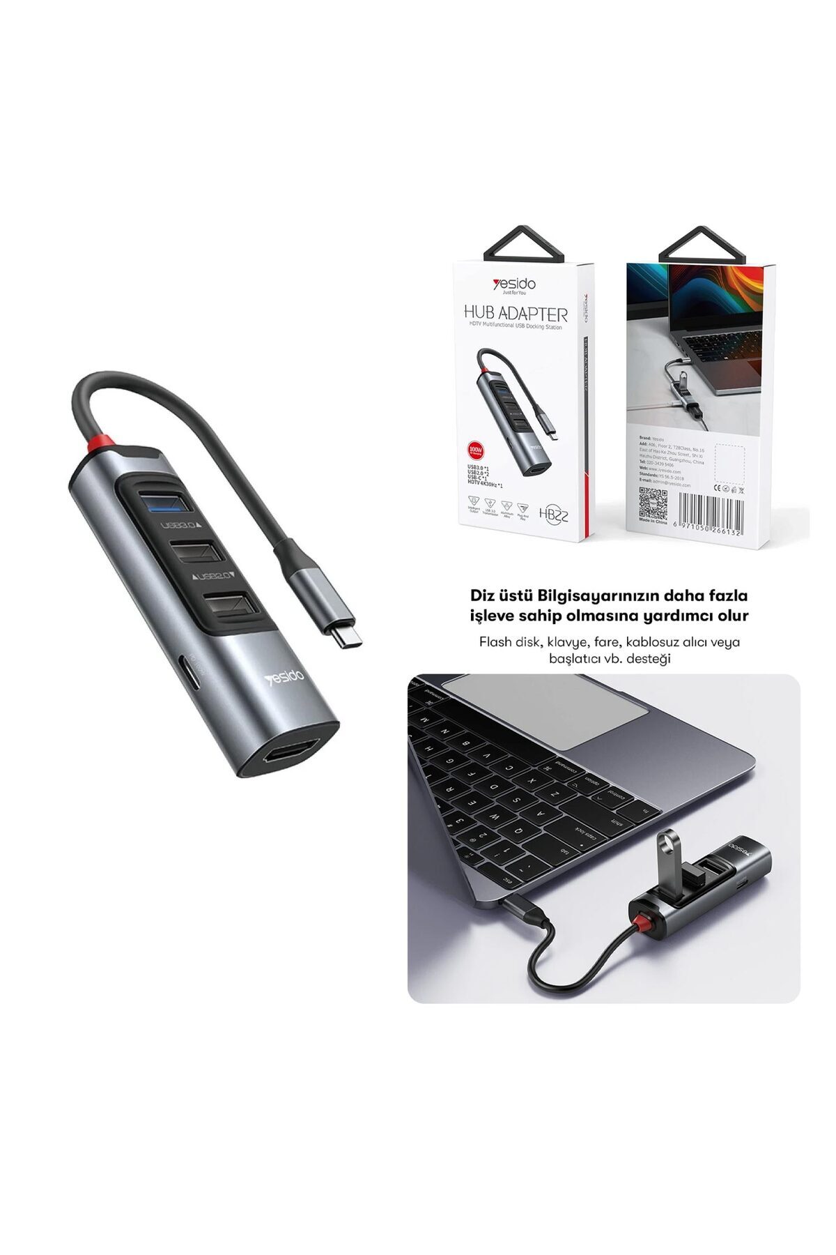Yesido HB22 Çevirici Adaptör 5 Port 4K Type-C Hdmi Usb 3.0 Usb 2.0