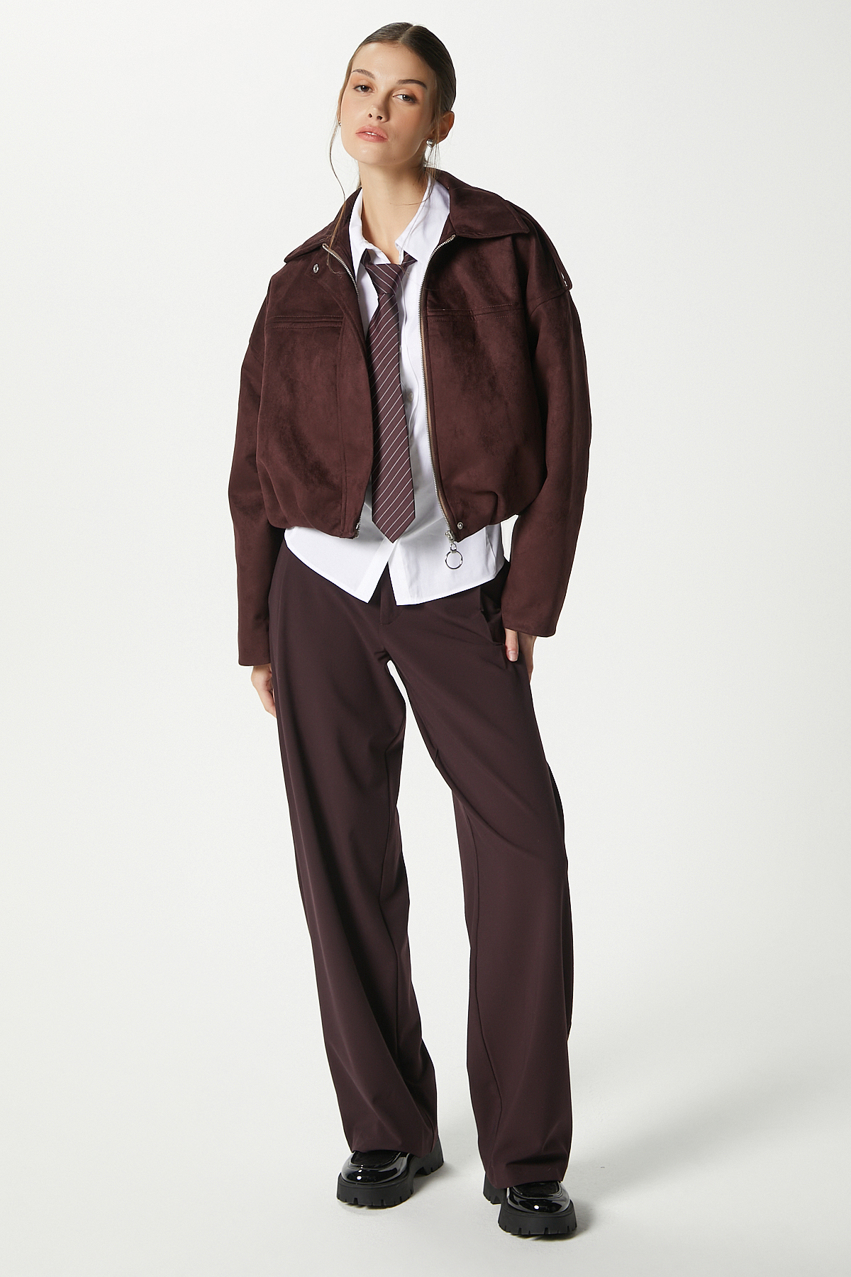 Ritnice  Kadın Rodney Süet Etkili Mürdüm Bomber Ceket - Görsel 3