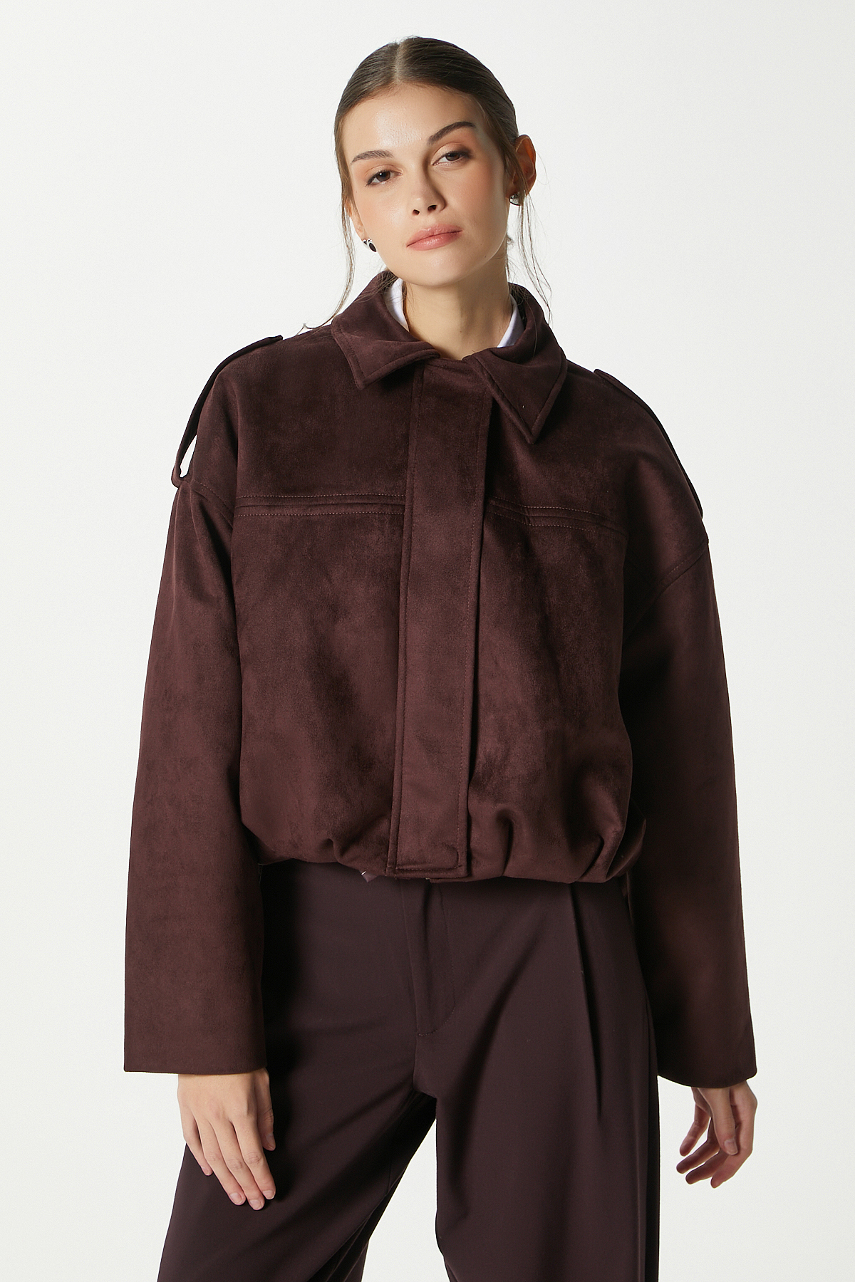 Ritnice  Kadın Rodney Süet Etkili Mürdüm Bomber Ceket - Görsel 2