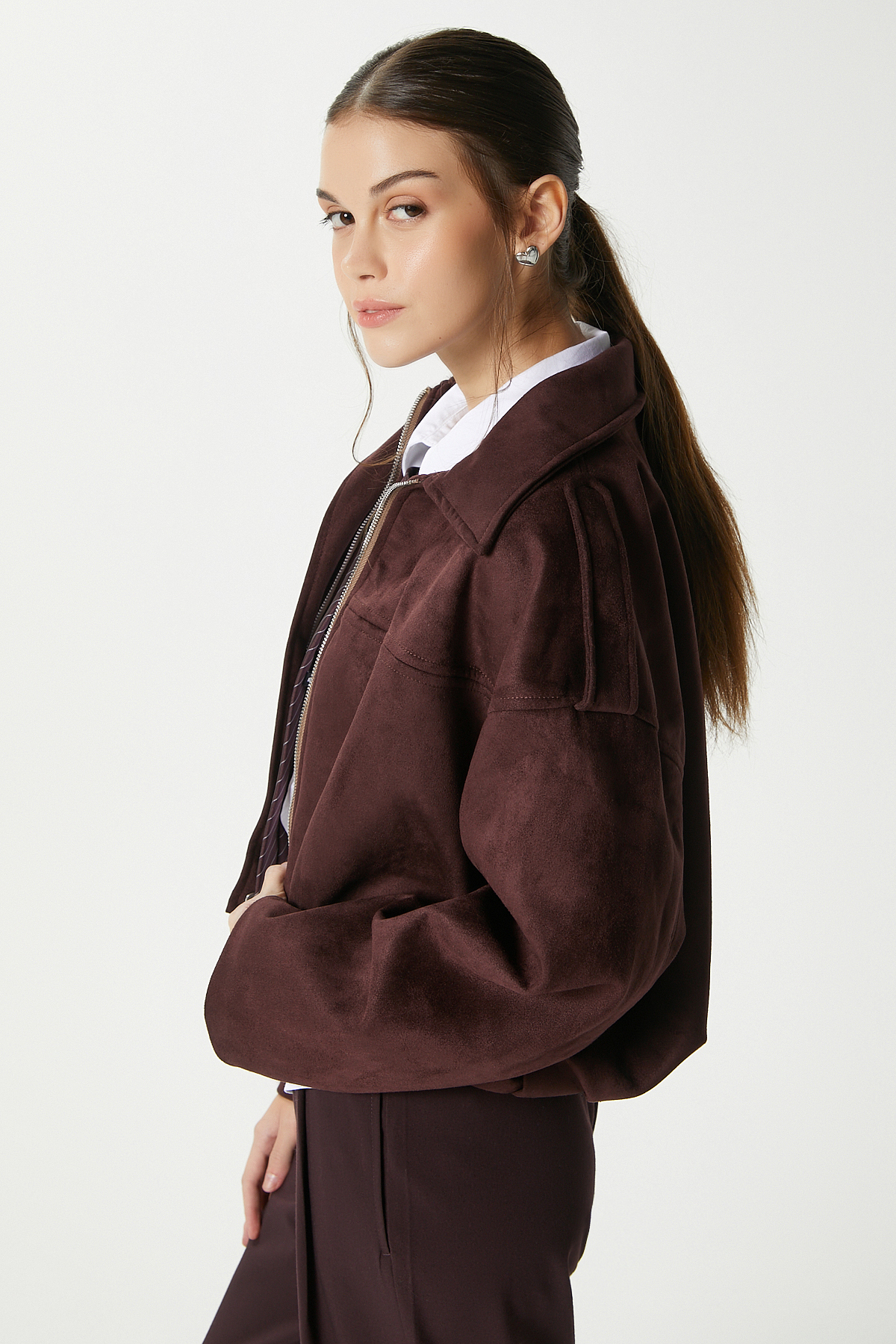 Ritnice  Kadın Rodney Süet Etkili Mürdüm Bomber Ceket - Görsel 6