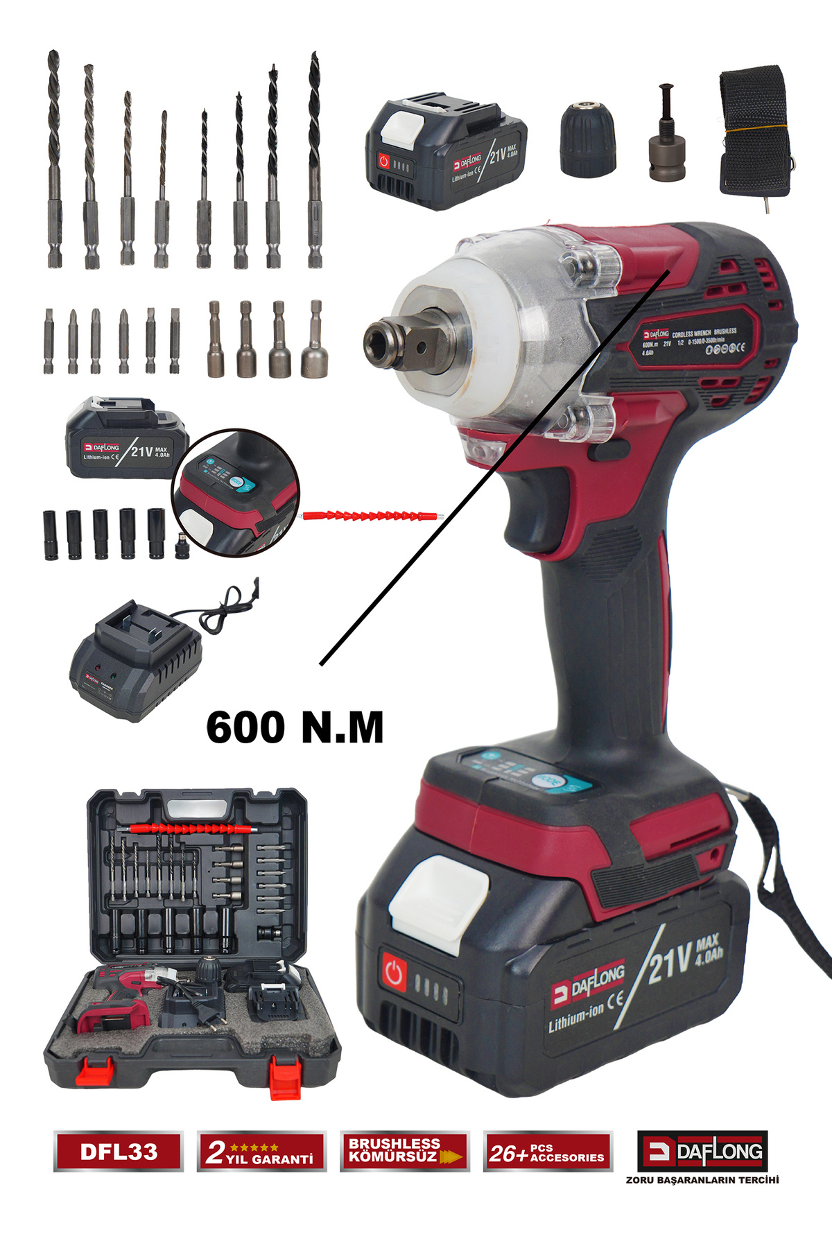 DAFLONG 21V KÖMÜRSÜZ 600NM TORKLU ŞARJLI 1/2 SOMUN SIKMA DFL-33