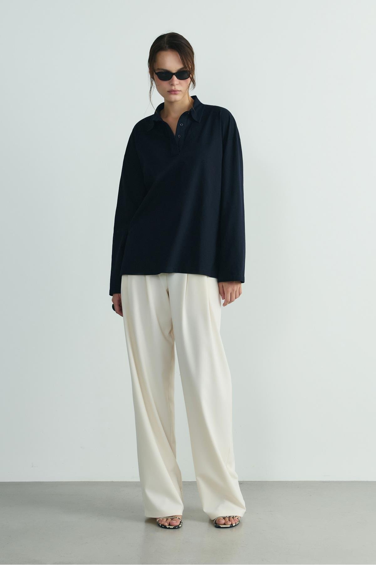 Suud Collection  Lacivert Polo Yaka Oversize Tişört - Görsel 2