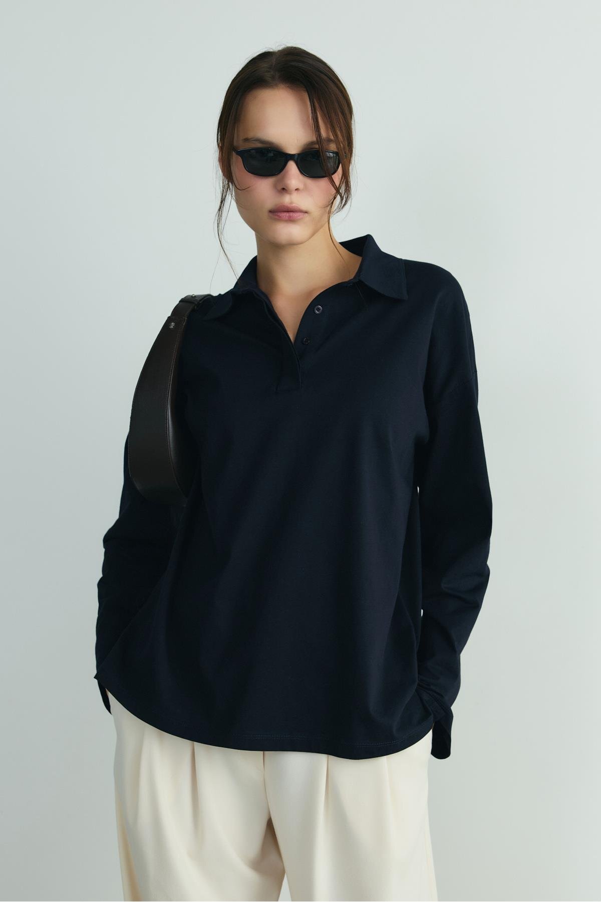 Suud Collection  Lacivert Polo Yaka Oversize Tişört