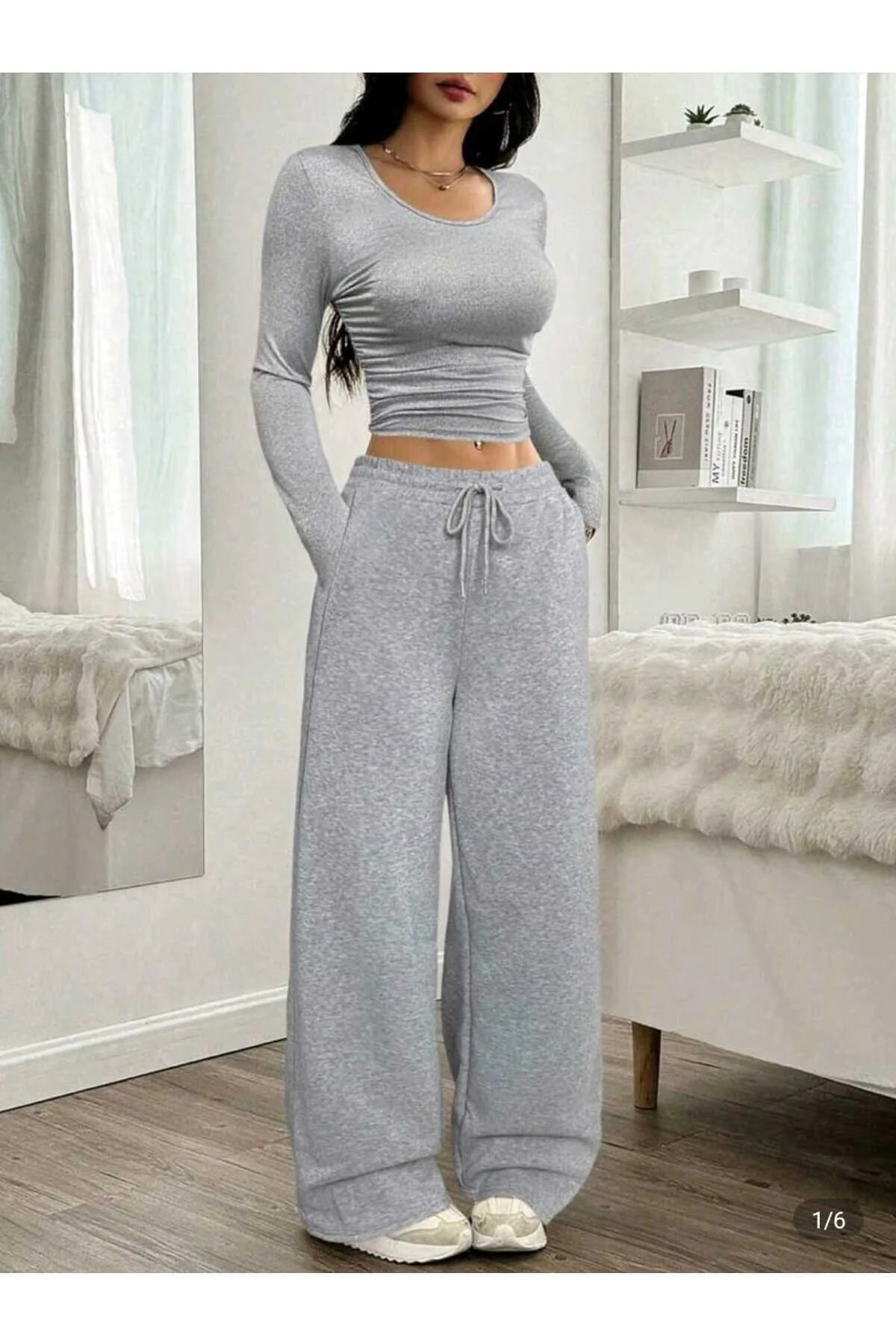 yx yustex sport  Şardonlu Kışlık Kadın 3 Adet Siyah + Gri+Lacivert Eşofman Altı Bol Paça Baggy Büyük Beden Cepli Aya - Görsel 4