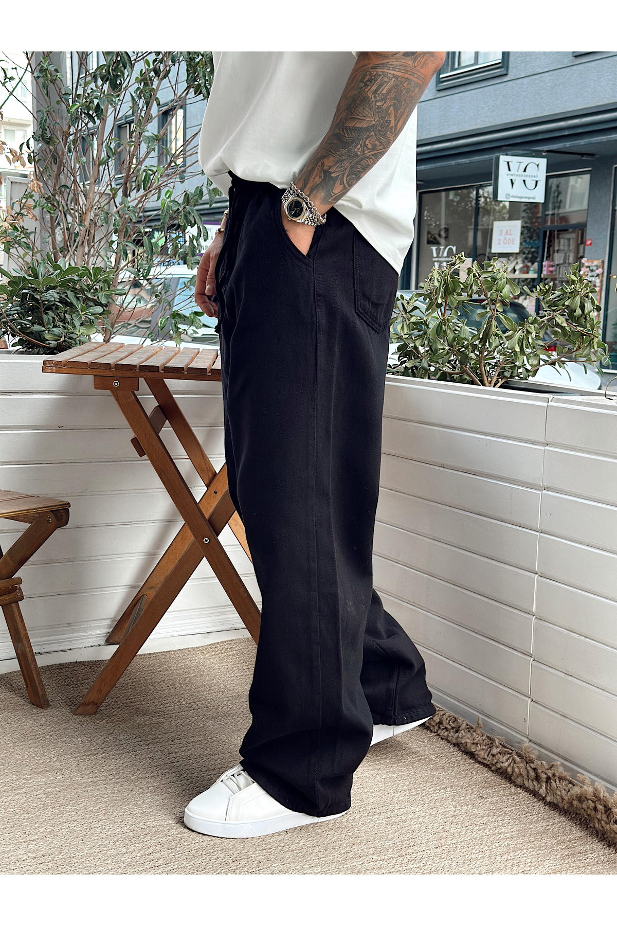 manch collection Beli İpli Baggy Gabardin Pantolon Siyah görsel 2