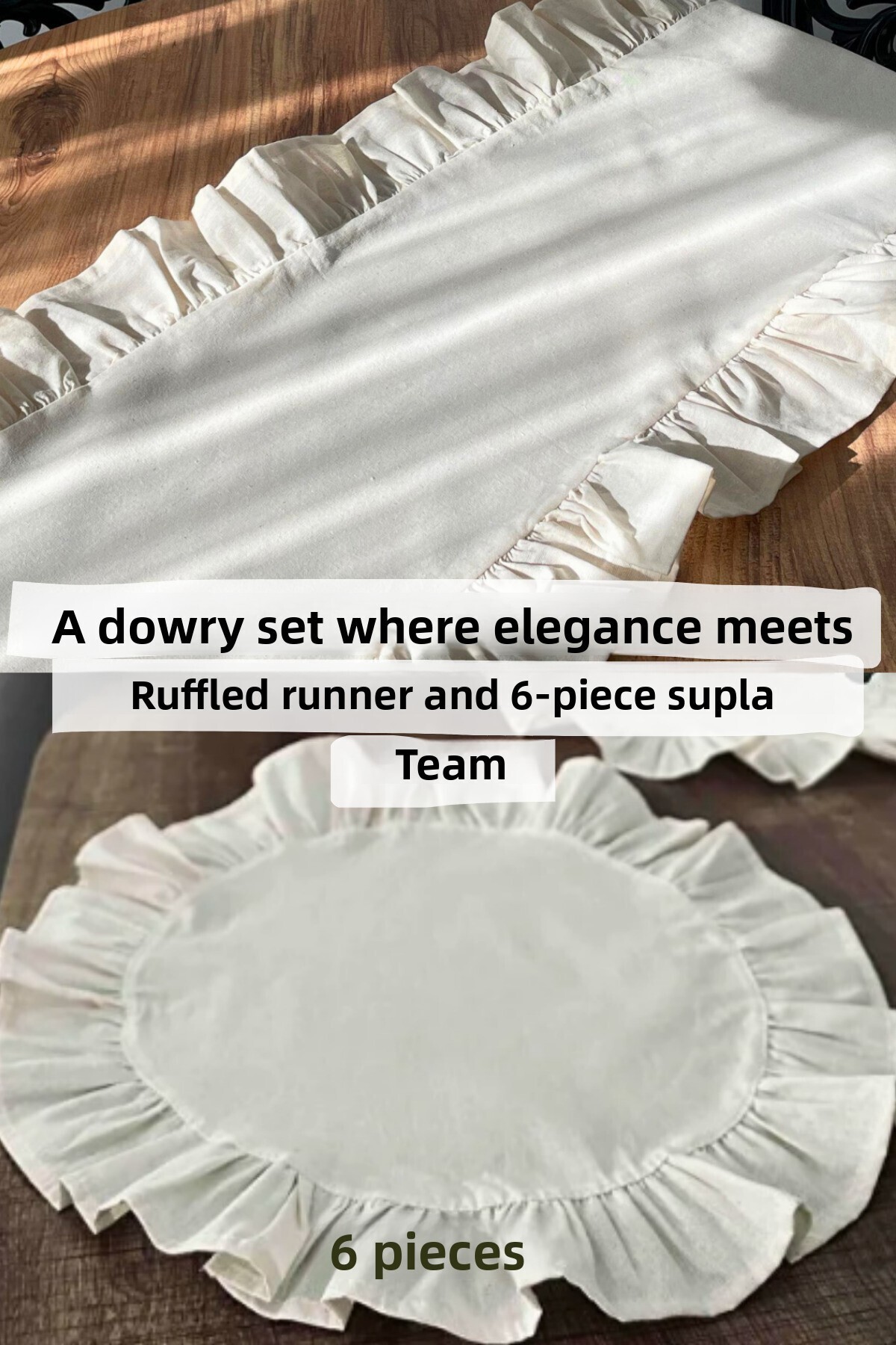 KAMİZ Frilly Linen Runner & 6-Piece Frilly Supla Set - 7 Piece Dowry Set