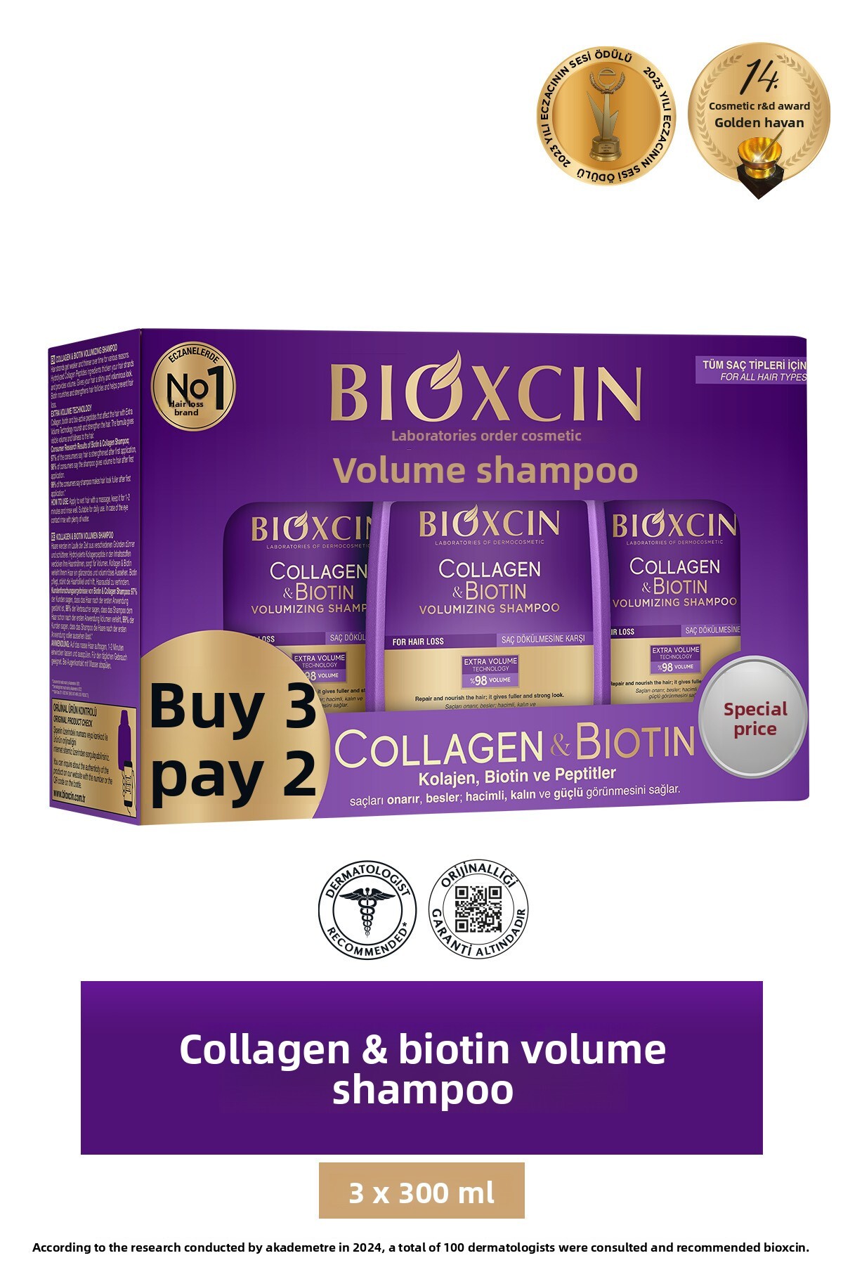 Bioxcin Collagen & Biotin Extra Volume Shampoo 3 X 300 ml Buy 3 Pay 2 - Colla...