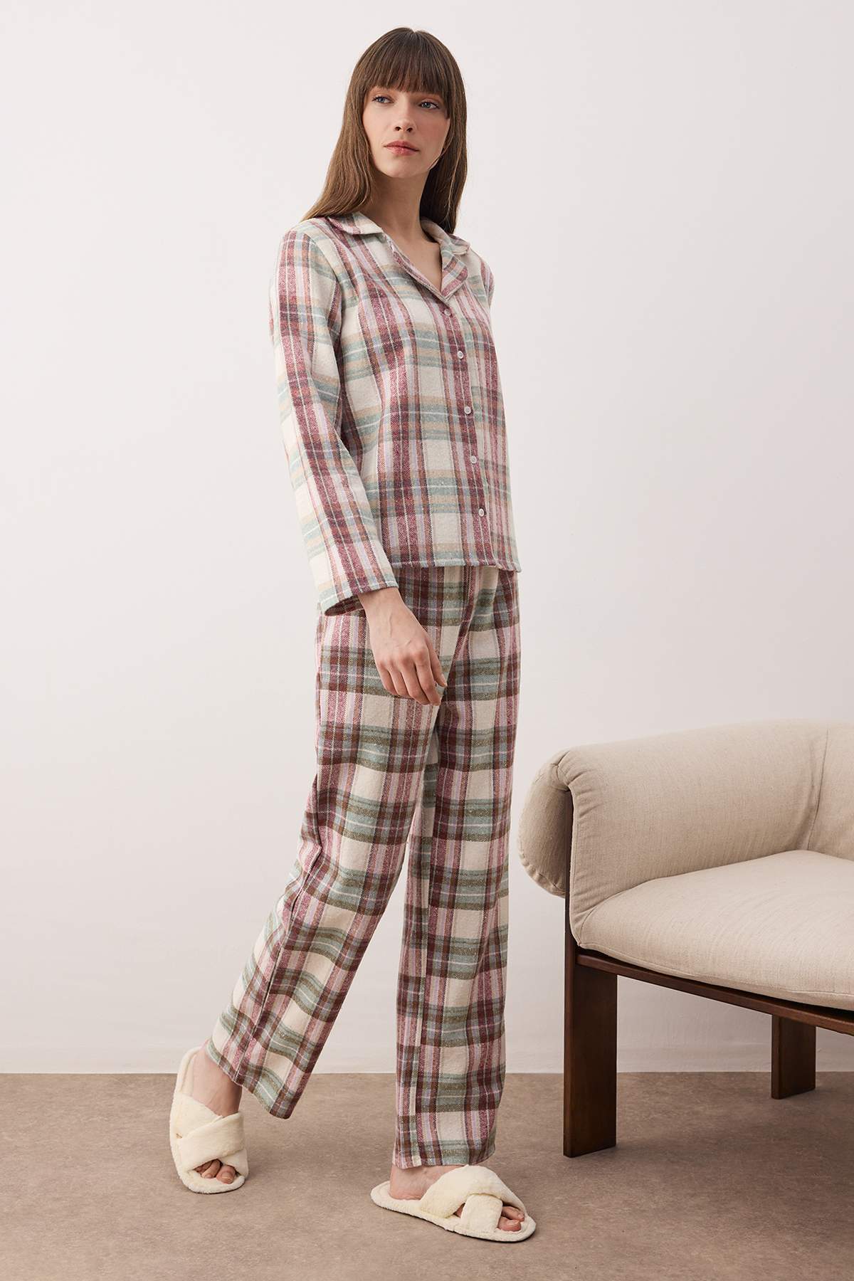 Trendyolmilla  Mint Pamuklu Ekoseli Kışlık Kalın Flanel Dokuma Pijama Takımı THMAW26PT00175