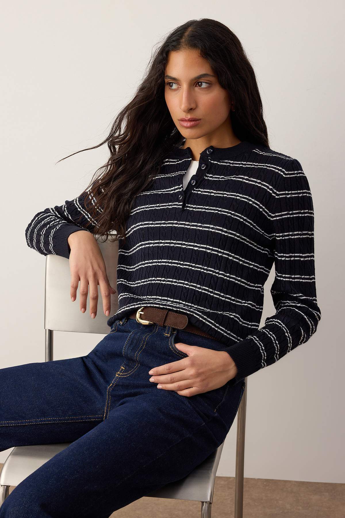 Trendyolmilla  Lacivert-Taş Bisiklet Yaka 2'li Triko Kazak TWOAW26KZ00187 - Görsel 3