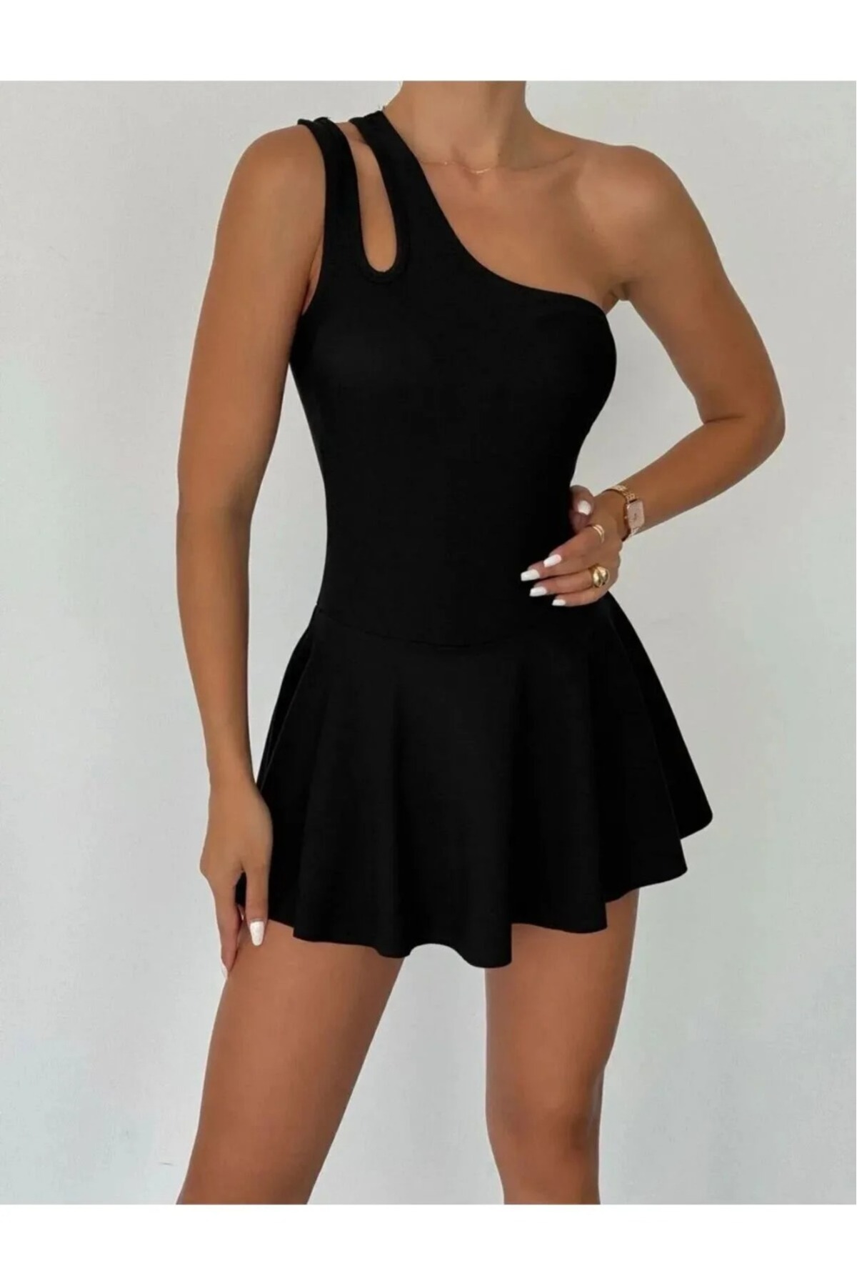 Tight Lady Çiftli Askı Tek Omuz Birleşik Şortlu Etekli Göğüs Pedli Kadın Siyah Mayo Elbise Günlük - Havuz -Plaj