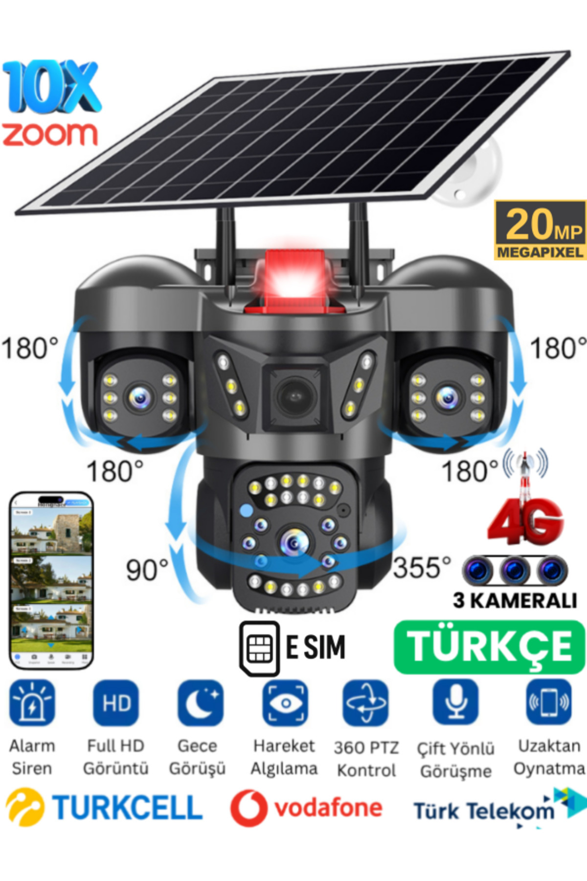 SONREİR RX66G Solar Güvenlik Kamerası Türkçe 4G Sim Kartlı PTZ Hareketli Gece Görüşlü Güneş Panelli Kamera