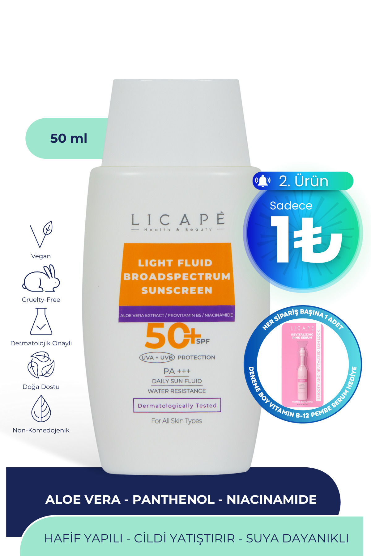 Licape Yüksek Koruma Suya Dayanıklı Tüm Cilt Tiplerine Uygun 50 Faktör Likit Güneş Kremi 50 ml