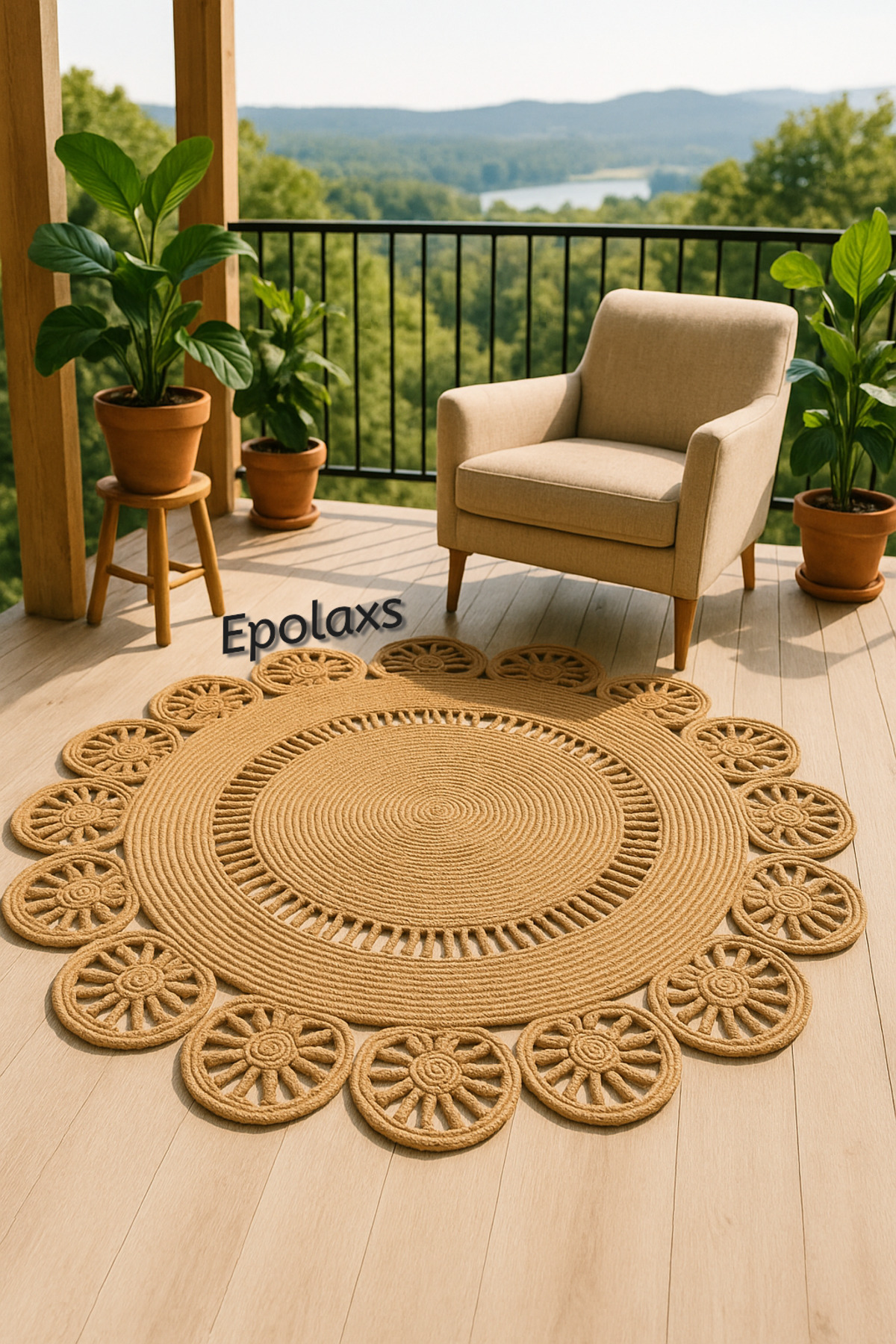 Epolaxs jüt hasır görünümlü halı yuvarlak halı, bohem tarz kilim, salon oturma odası halısı, jüt halı