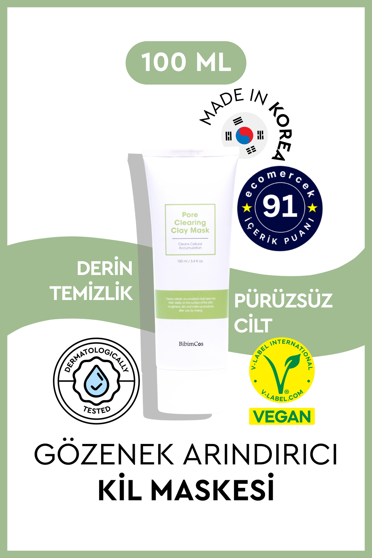 Bibimcos Porenklärende Tonmaske 100 ml – Gözenek Temizliğine Özel Kil Maskesi