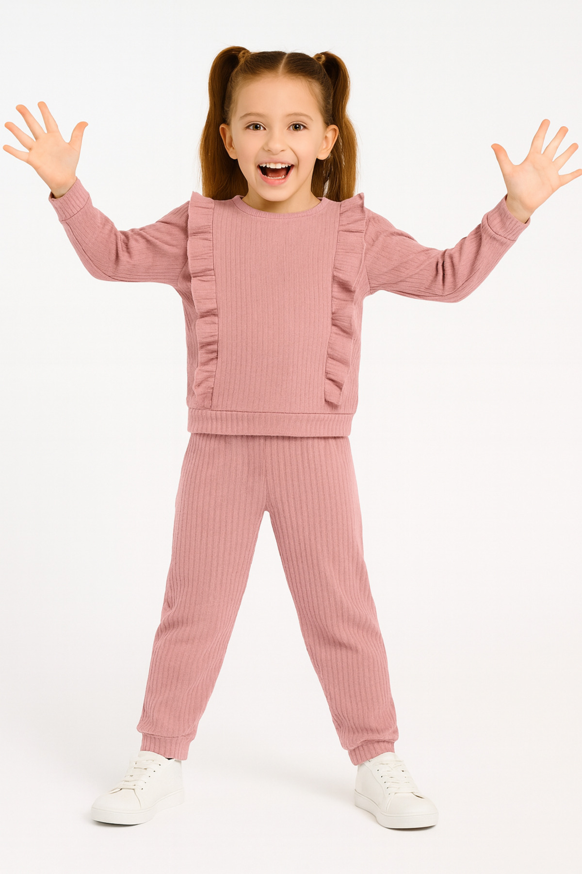 BUUFUU Ruffled Cotton Long Sleeve Top and Bottom Double Girl's Set