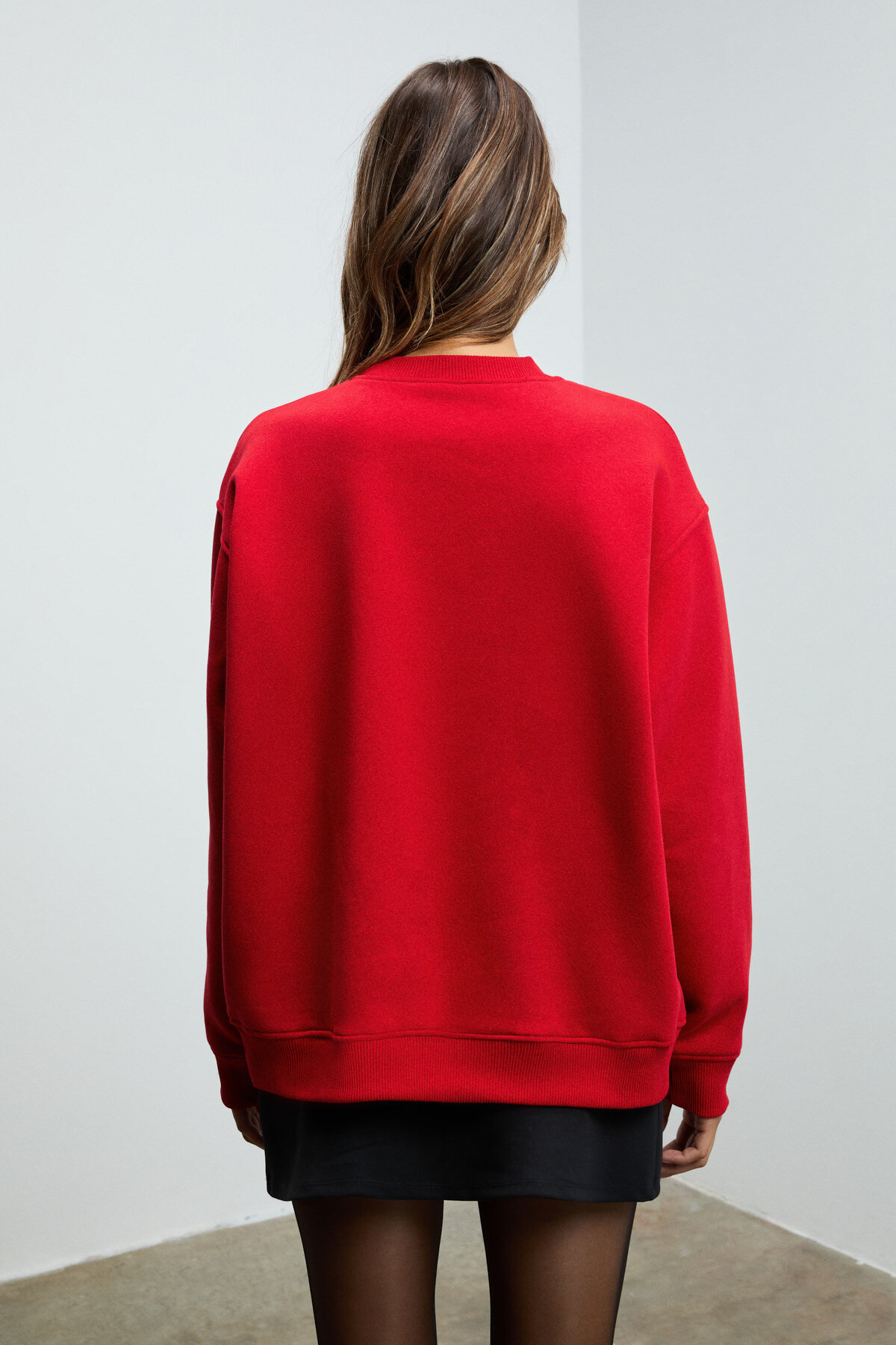 GRIMELANGE  KARIUS Kadın Organik Pamuklu İçi Polarlı Oversize Yuvarlak Yakalı Kırmızı Sweatshirt - Görsel 6