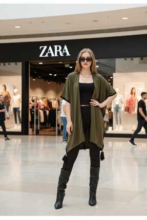 QLAY Kadın Oversize püsküllü Şerit Detaylı kontrast Panço (İnce Triko)