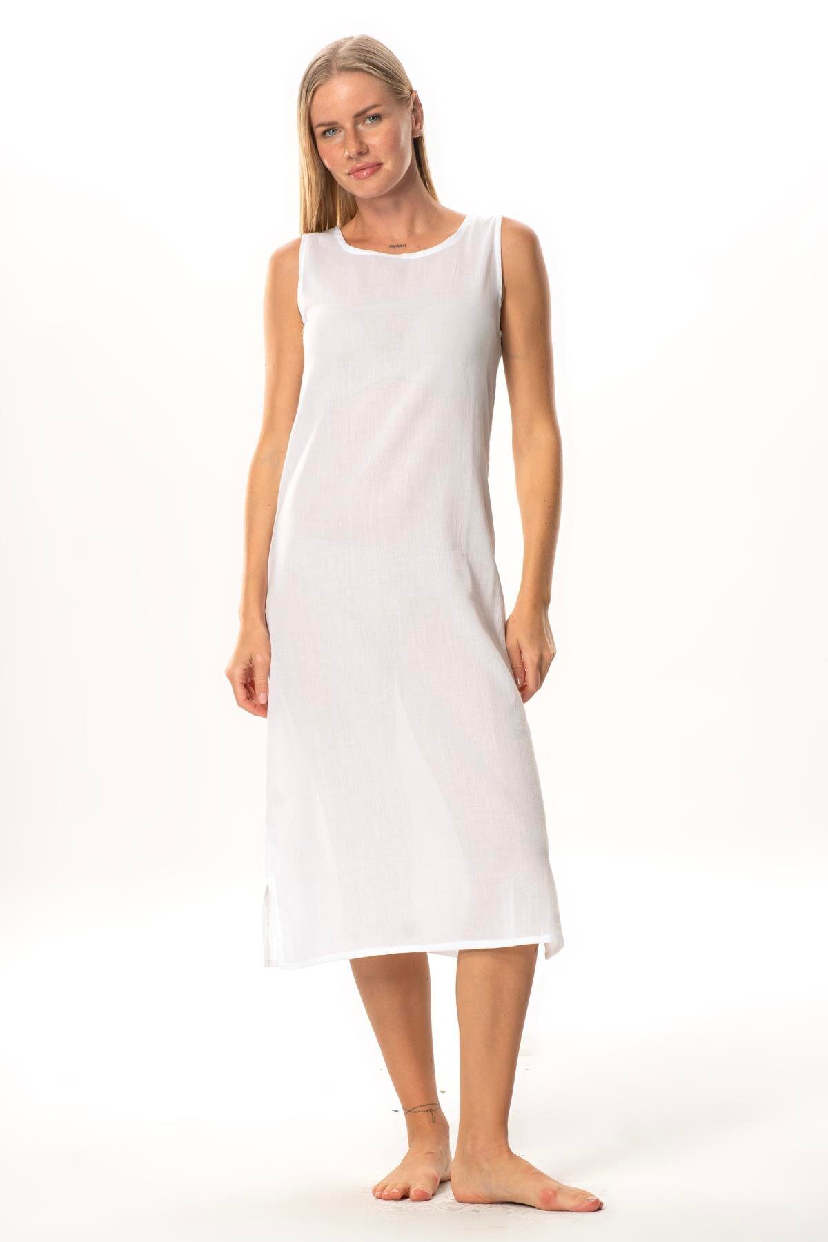 Eliş Şile Bezi Pamuk Kombinezon Şile Bezi Uzun Elbise Astarı Kalın Atlet Askılı Beyaz Byz