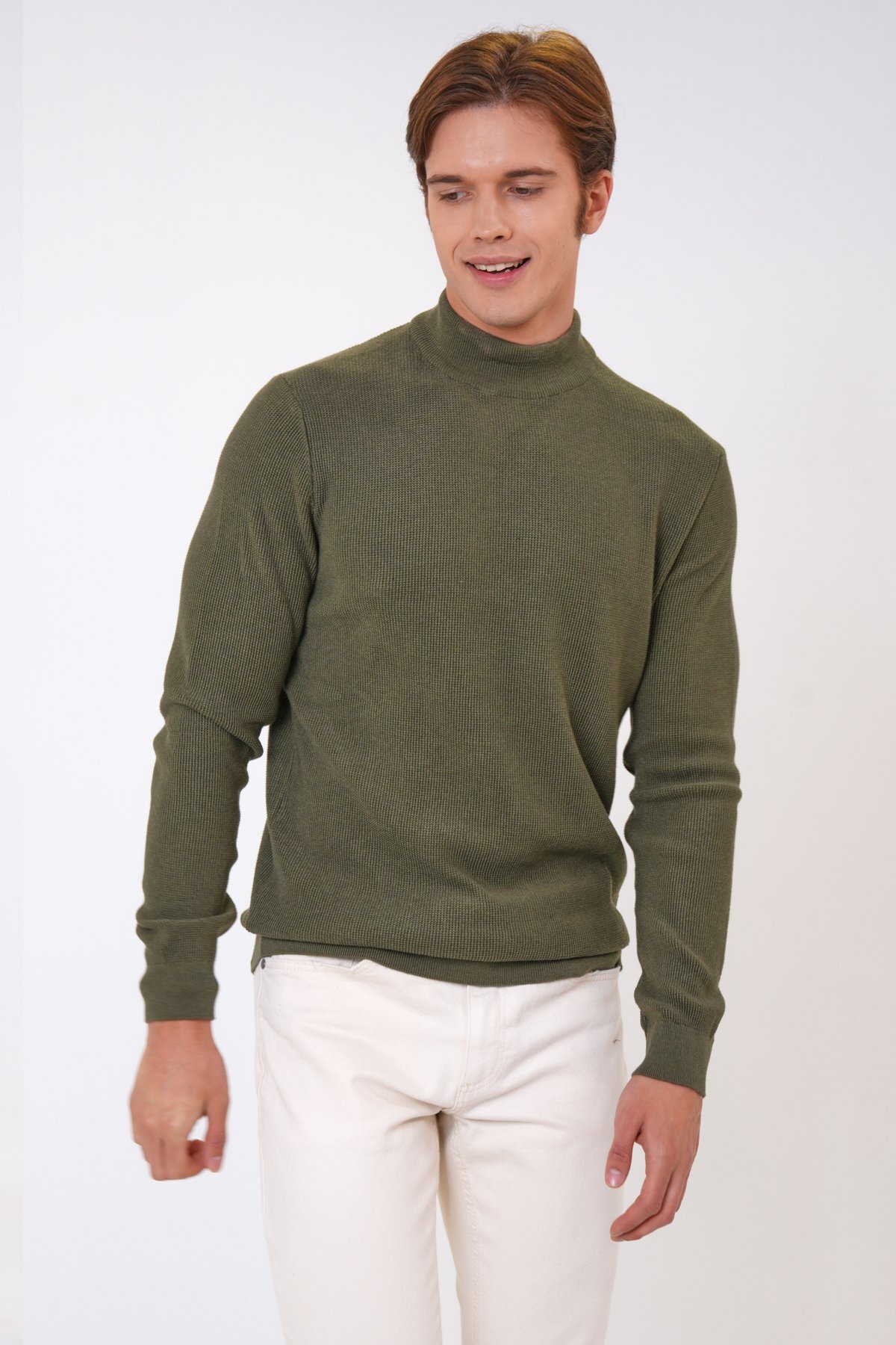 Haki Regular Fit Pamuklu Yarım Balıkçı Yaka Triko Kazak — خاکی B33W40060-139 — تصویر 3 از 5