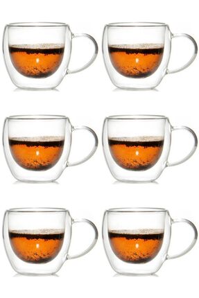 Kitchen Design Lab Yeni Tasarım Çift Cidarlı 250 ml Kulplu Cam Kupa, Çay Nesk...